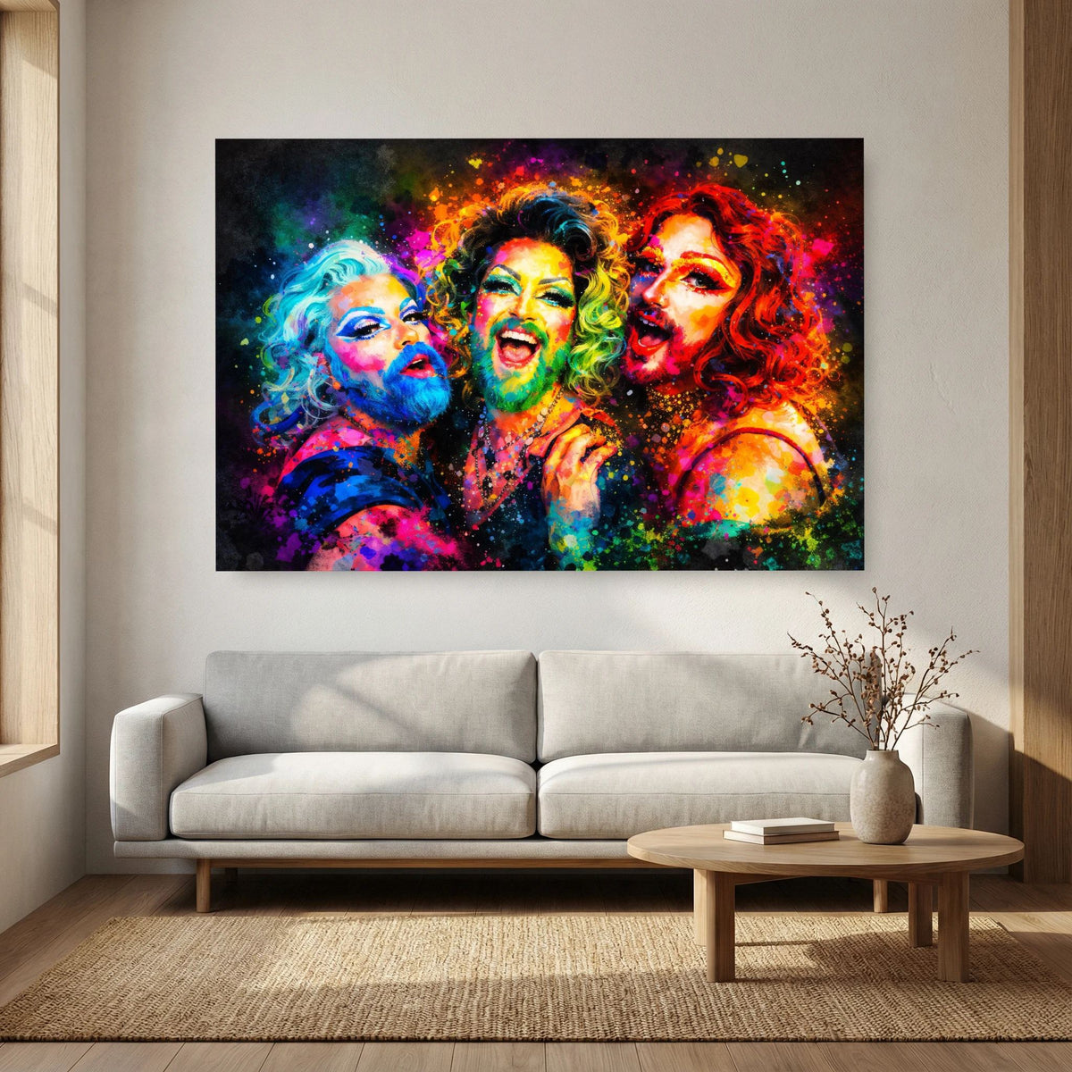 Poster mit farbenfroher Porträtkunst, drei Drag-Queens mit bunten Haaren und Make-up