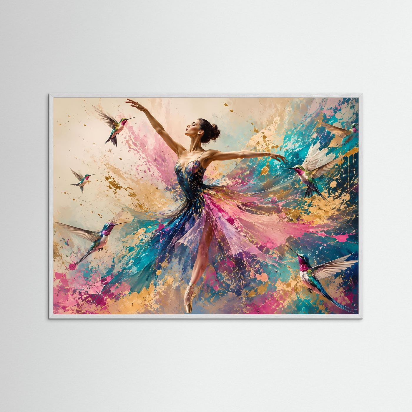 Ballerina mit Kolibris Poster | Elegante Tanzkunst Wandbild | Abstrakte Ballett Kunst | Farbenfroher Fine Art Print | Modernes Wandbild