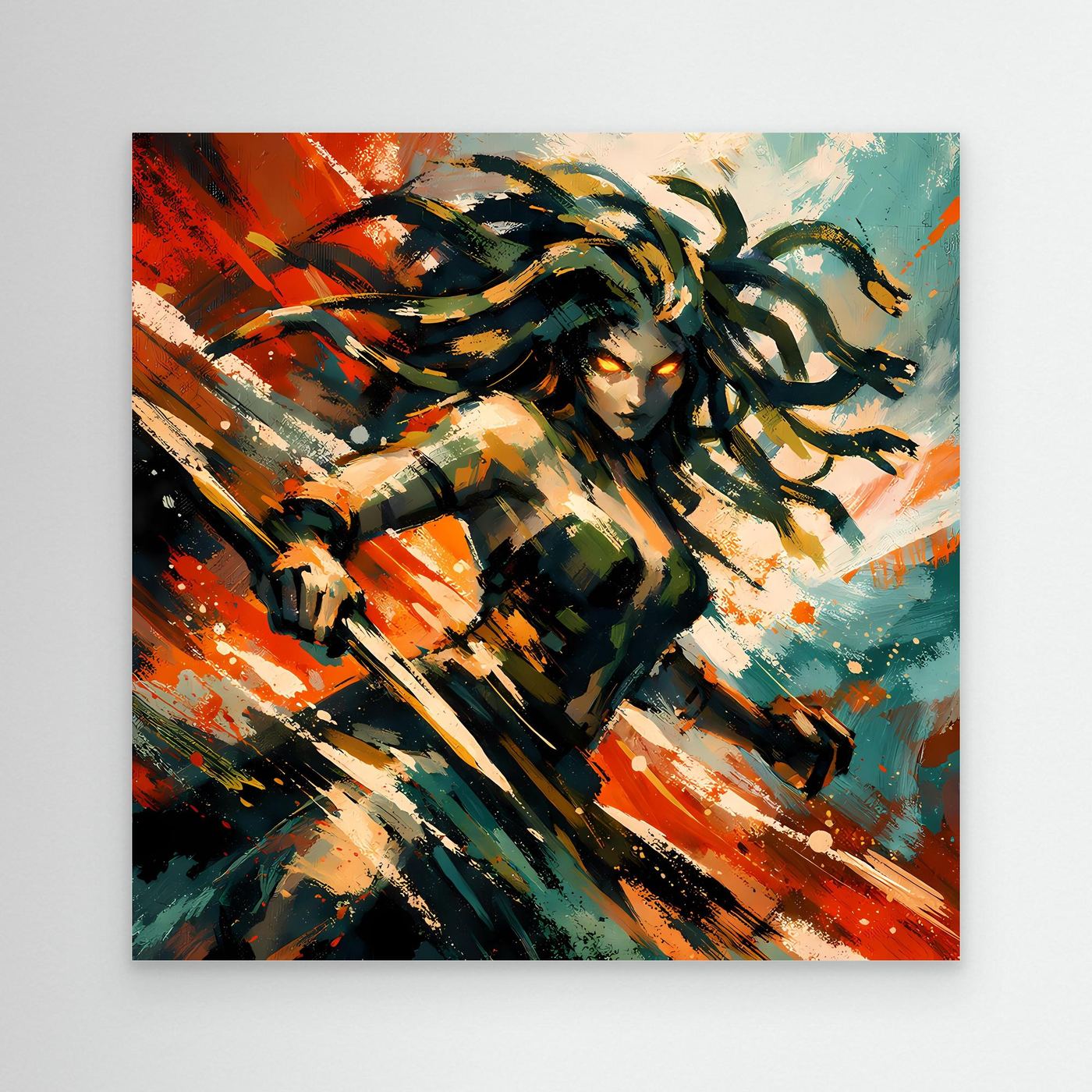 Leinwand Mythische Medusa im Action-Stil | Dynamisches Wandbild auf echter Leinwand