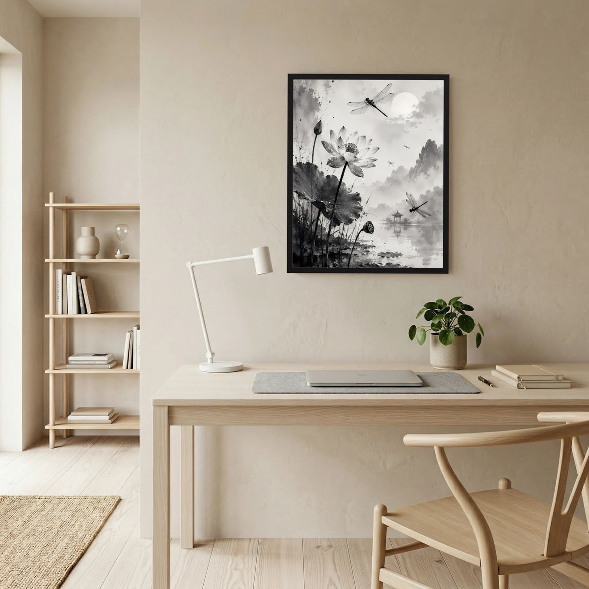 Schwarz gerahmtes Poster (Hochformat) mit Lotusblüten und Libellen in Schwarzweiß