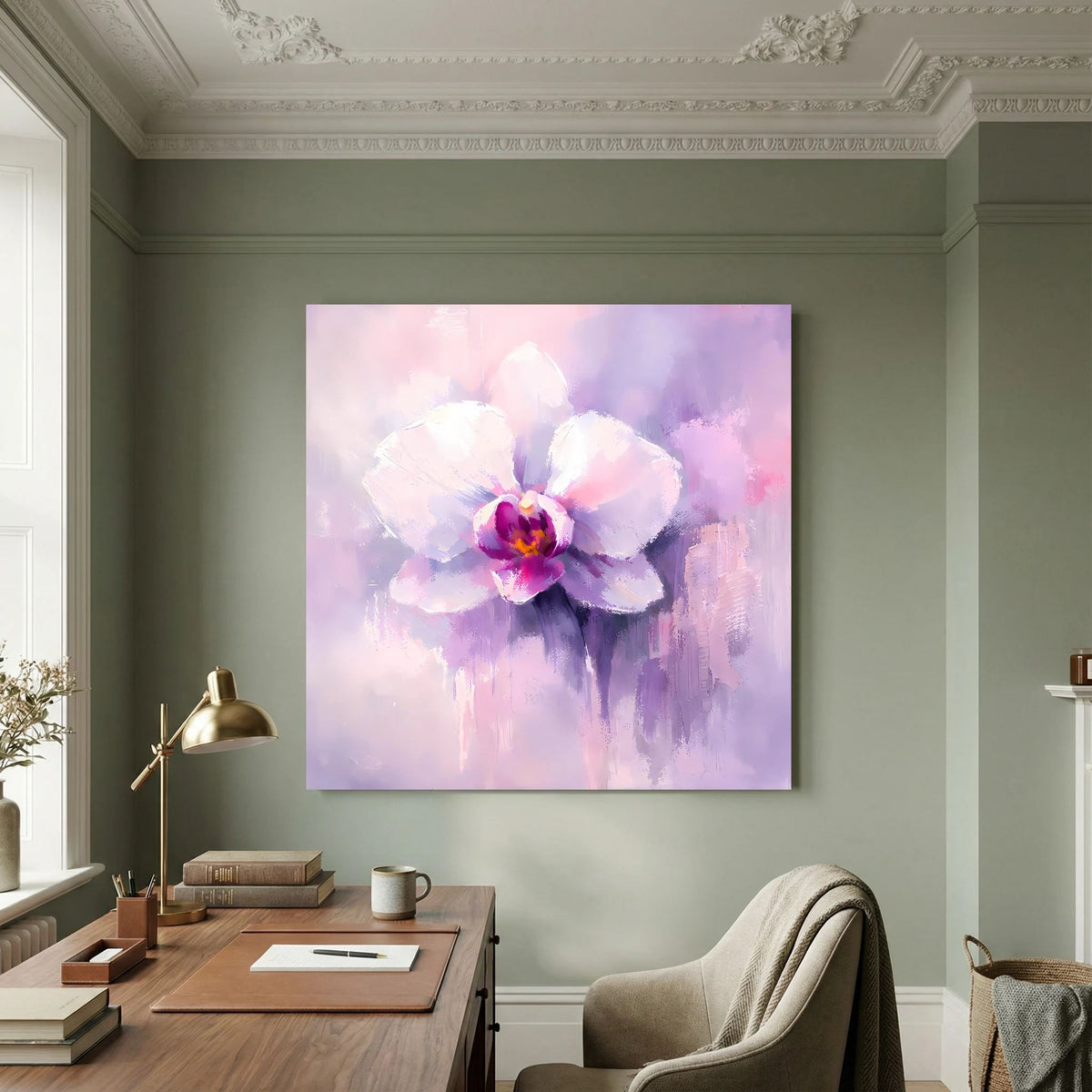 Quadratisches Leinwand-Wandbild mit abstrakter Orchideenblüte in Pastell-Pink und Lila