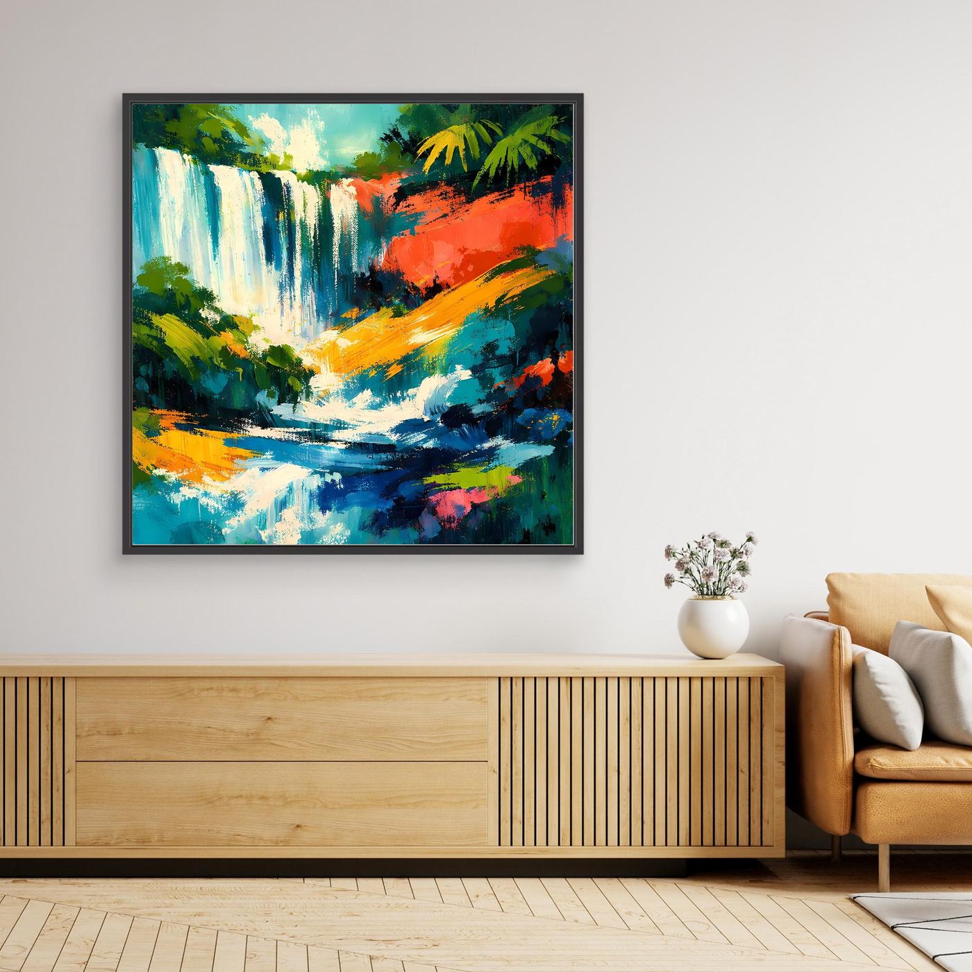 Leinwand-Wandbild mit tropischem Wasserfall und Palmen, farbenfrohe Malerei, dunkler Rahmen