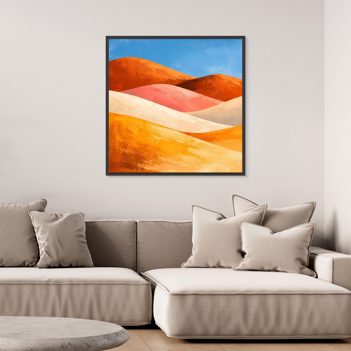 Gerahmtes Leinwandbild der Dünen: warme Orange- und Rottöne mit blauen Himmelflächen.