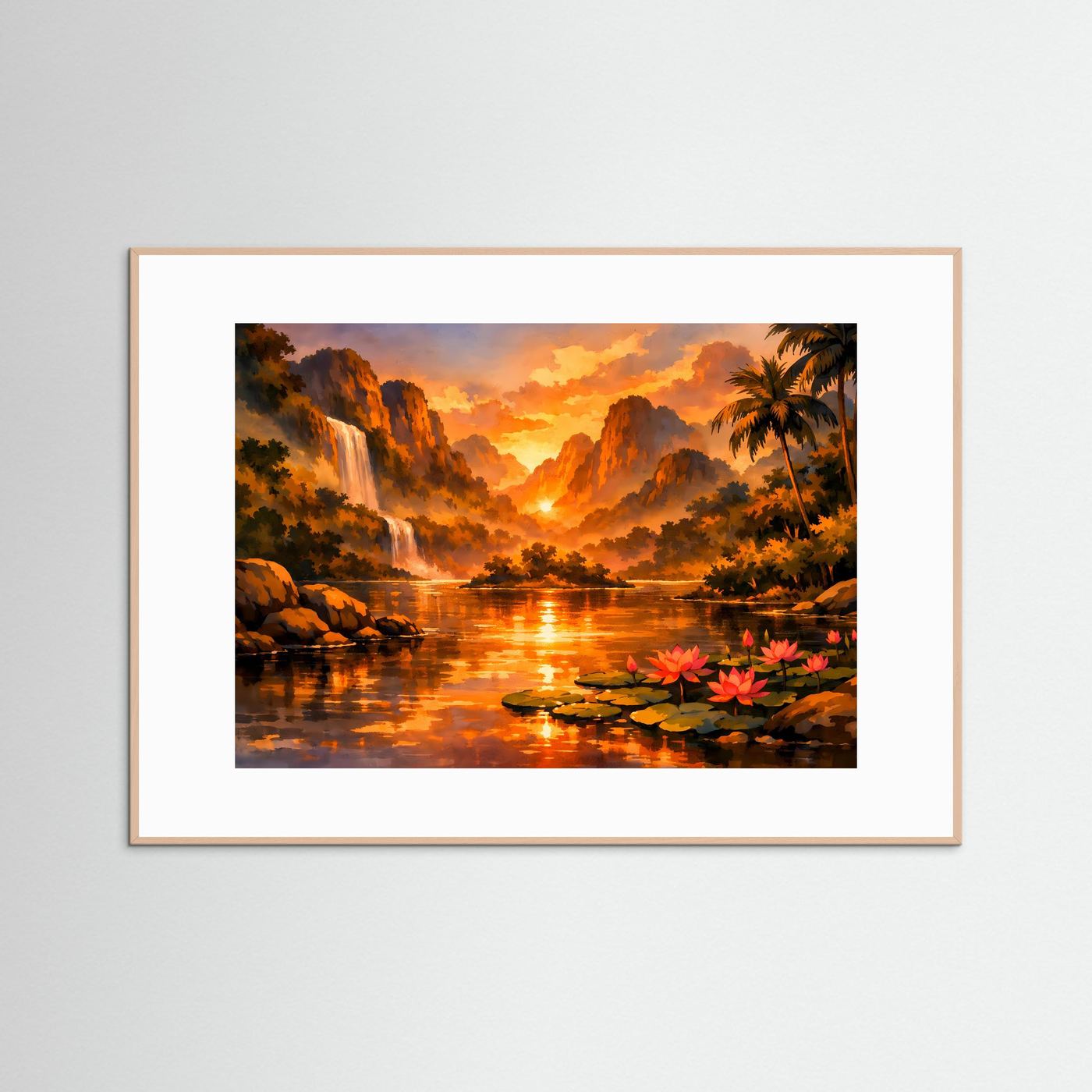 Querformat-Poster mit Sonnenuntergang über See, Palmen, Felsufer, Wasseroberfläche und Seerosen