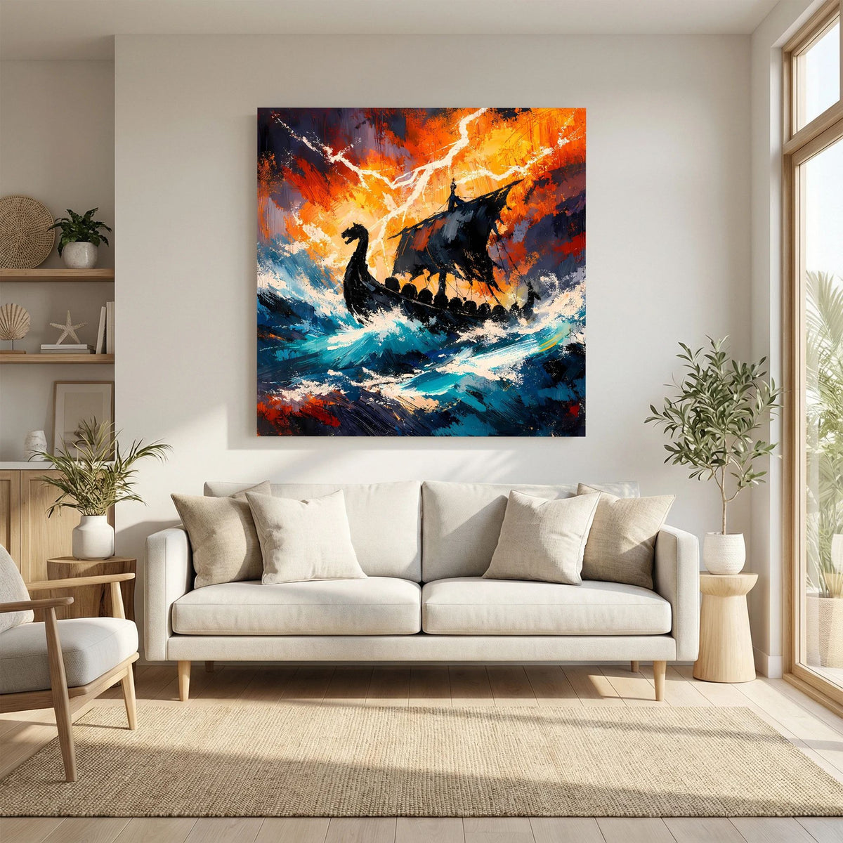 Keilrahmen-Leinwand mit Wikinger-Langschiff-Silhouette, orange Gewitterwolken, blaue Wellen und Blitz