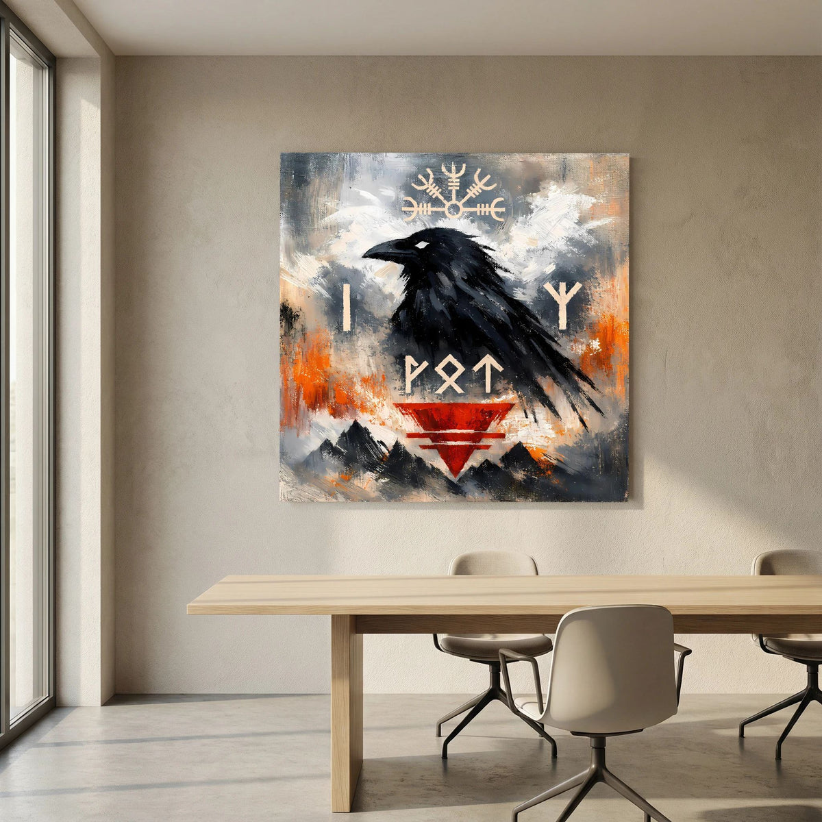 Wandbild mit schwarzem Raben und Runen, dekoratives Rot- und Graumuster