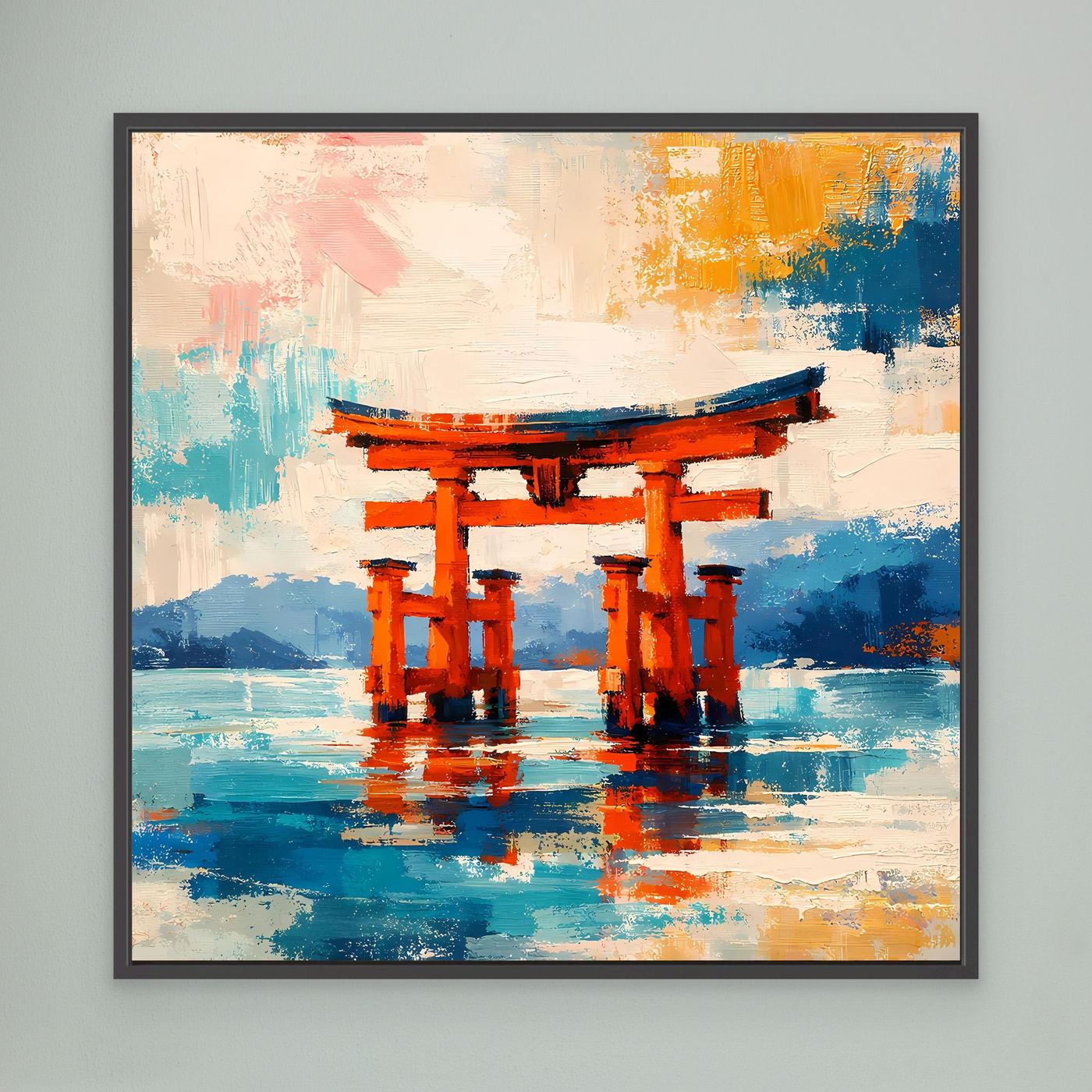 Leinwandbild Japanisches Torii-Tor im Meer | Abstraktes Kultur Wandbild auf echtem Holzkeilrahmen