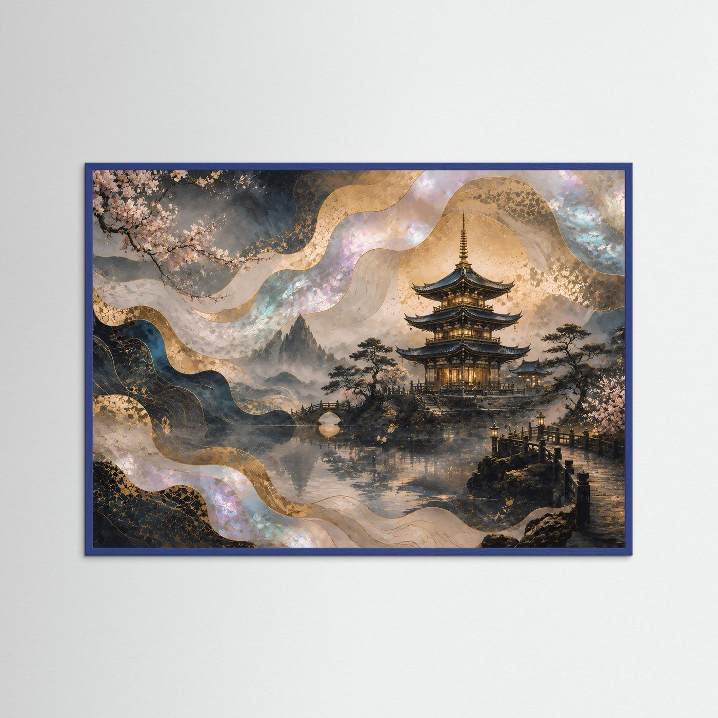 Querformat-Poster mit japanischer Pagode und Kirschblüten, gerahmt in blauem Holz