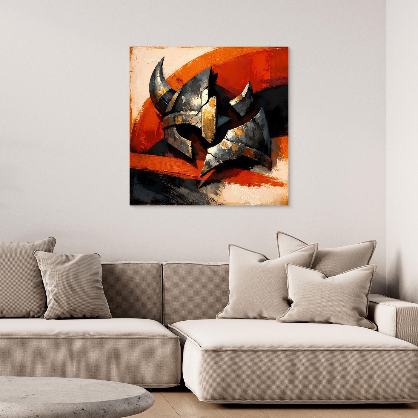 Leinwandbild mit Wikingerhelm im abstrakten Stil, schwarzer Rahmen
