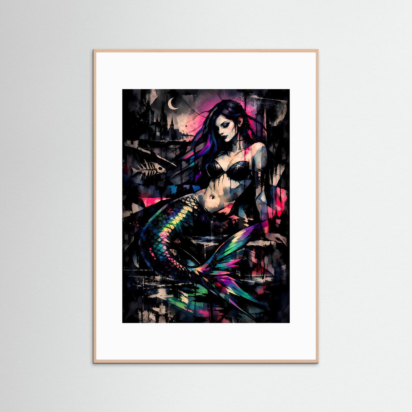The Dark Mermaid | Luxuriöses Meerjungfrauen Poster Bunt & Schwarz | Abstraktes Sirenen Kunstposter Hochformat
