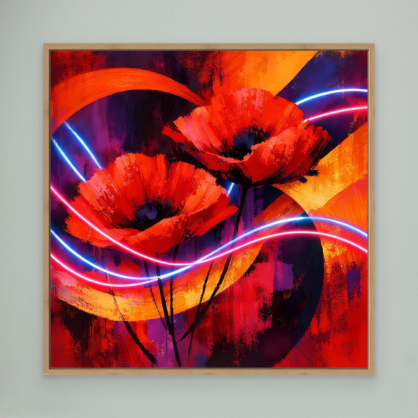 Leinwandbild mit abstrakten Mohnblumen, rot und violett, Neonbögen, Holzrahmen