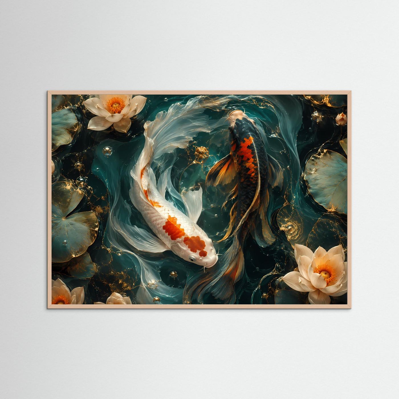 Yin Yang Koi Fische mit Lotusblüten | Elegantes Feng Shui Poster Querformat