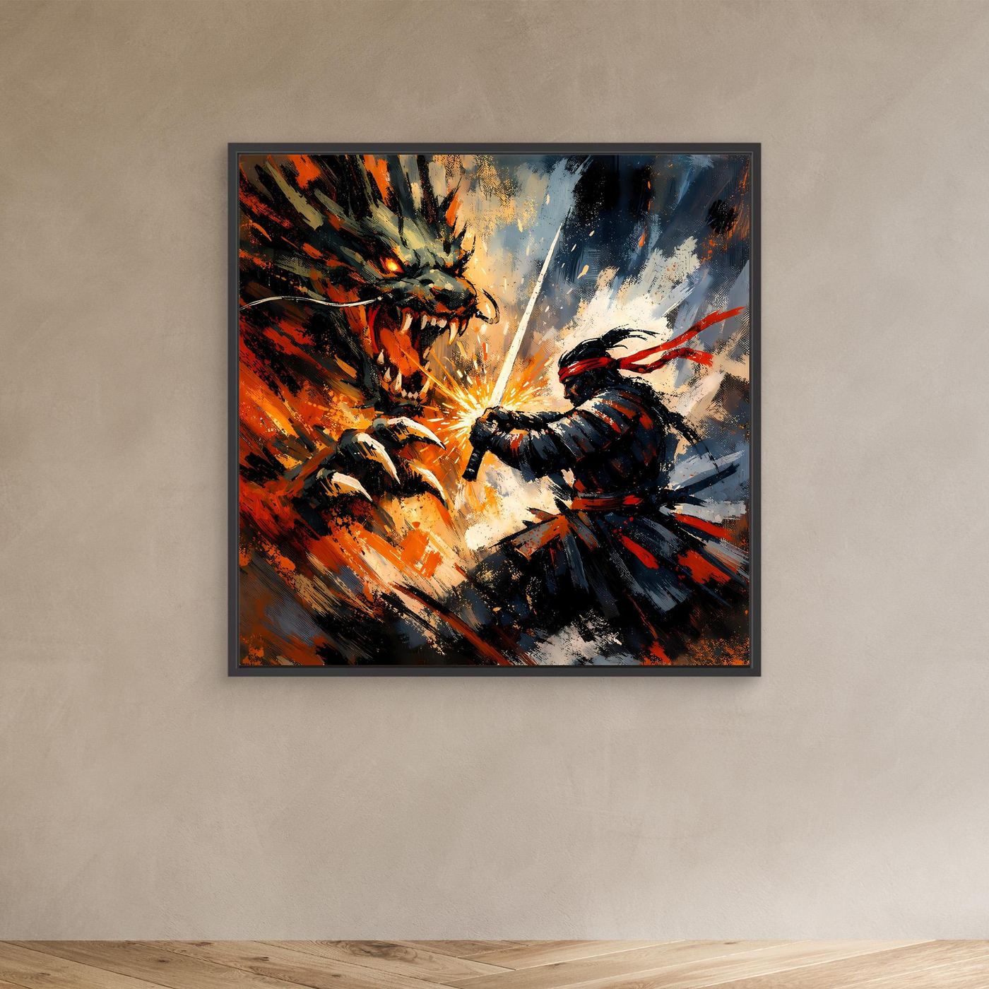 Premium Leinwand Samurai gegen Drache | Abstraktes Fantasy Wandbild Voller Dynamik & Kampfgeist