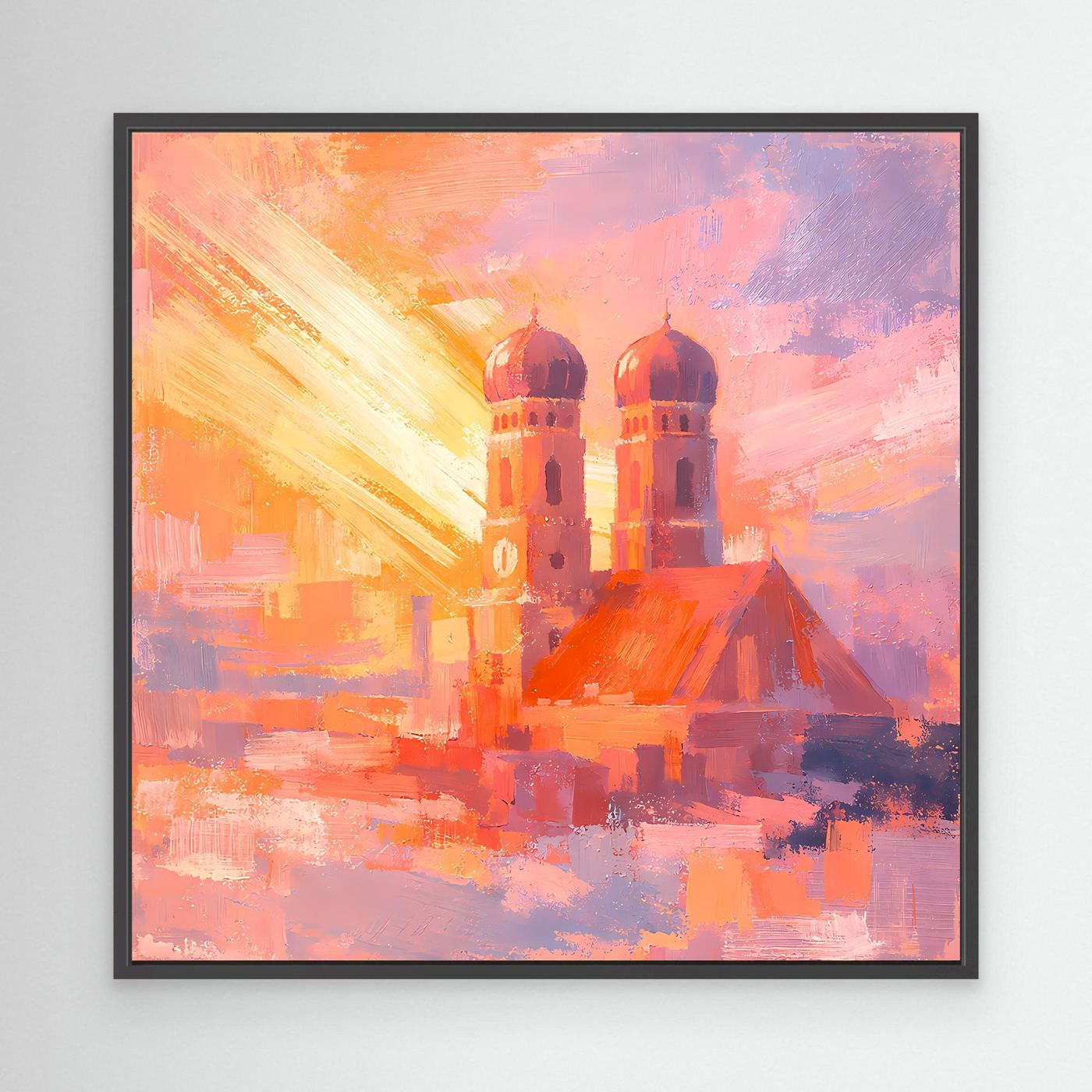 Premium Leinwand Frauenkirche München im Sonnenaufgang | Abstraktes Skyline Wandbild Bayern