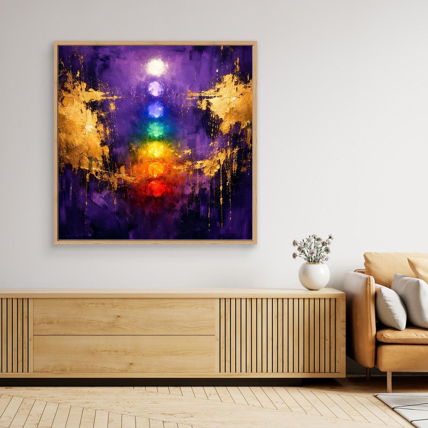 Leinwand Sieben Chakren auf tiefem Violett | Modernes Spirituelles Yoga Wandbild