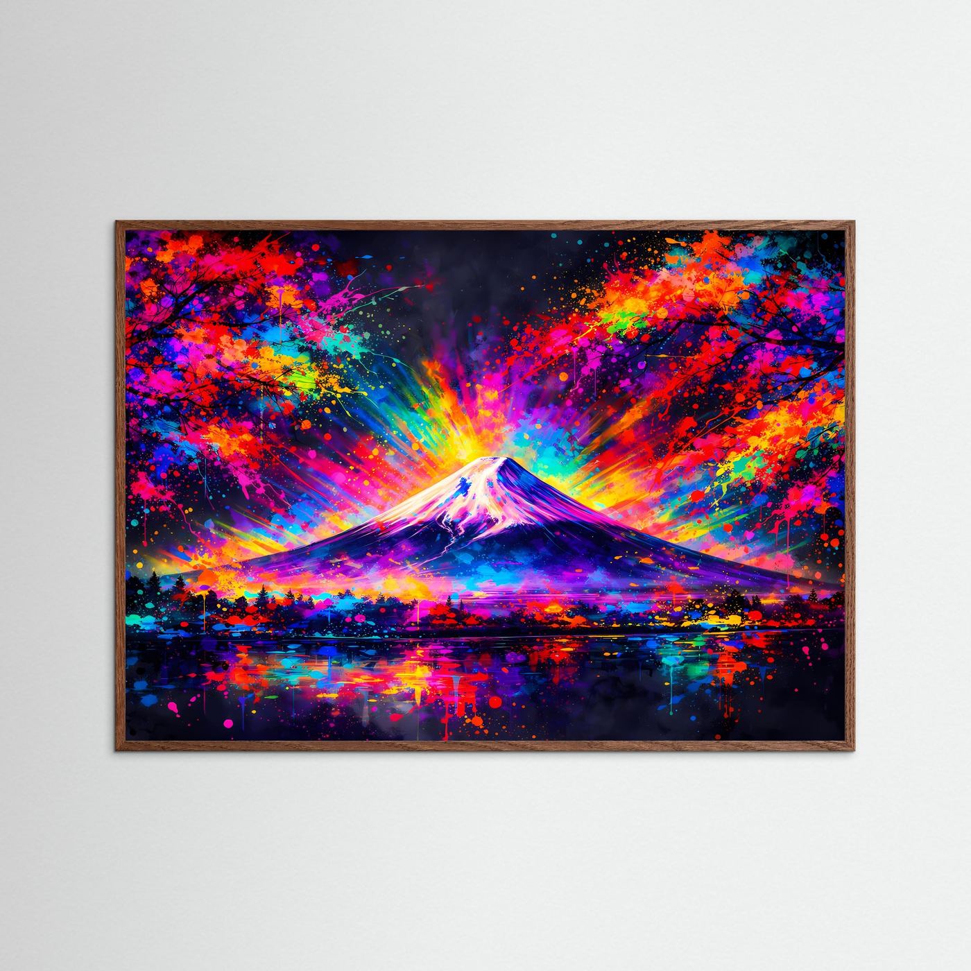 Gerahmtes Kunstposter mit Pop-Art Mount Fuji, kräftigen Farbkontrasten und leuchtender Reflexion