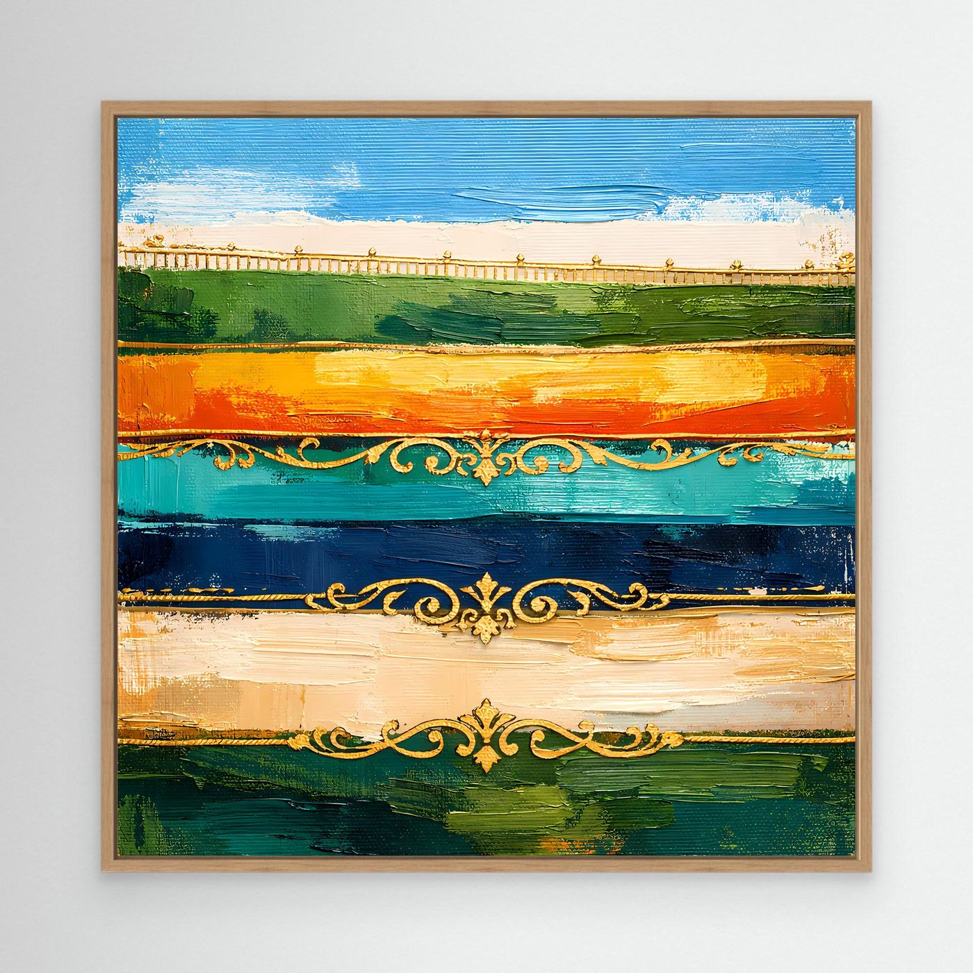 Leinwand Elegante Abstrakte Farbstreifen | Modernes Wandbild mit Goldornamenten