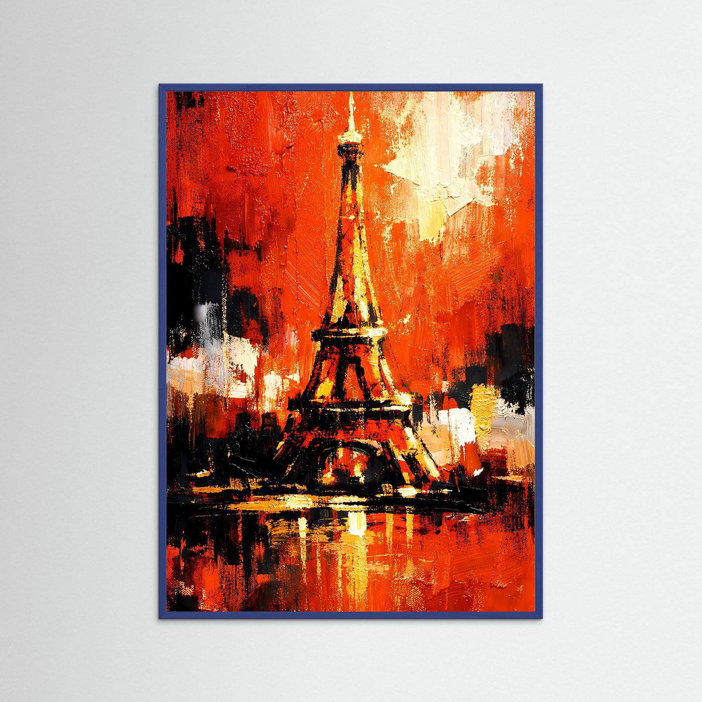 Gerahmtes Kunstposter mit Eiffelturm-Motiv in Terrakotta, schwarzen Flächen und goldenen Effekten