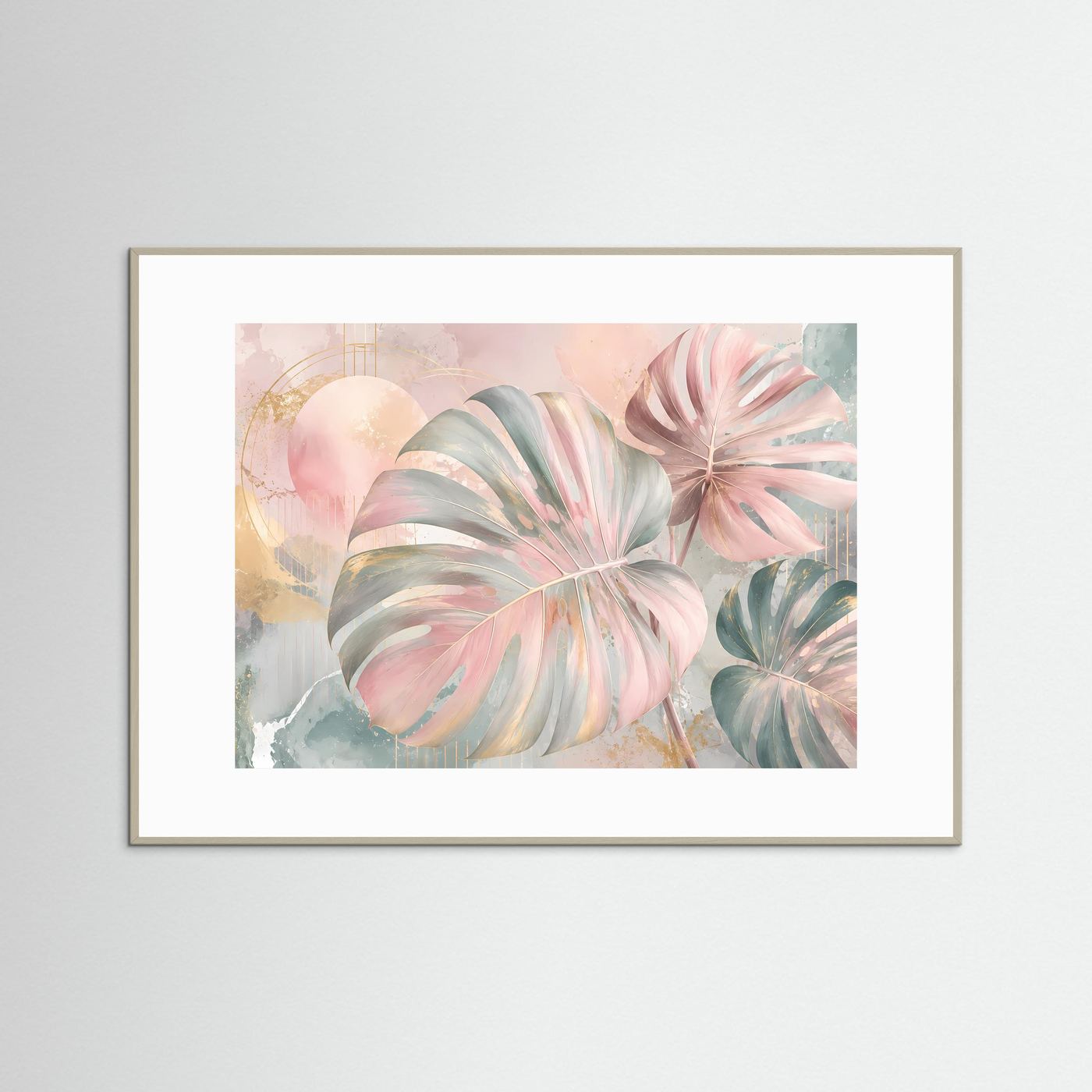 Monstera Blätter Poster Querformat | Tropische Wandkunst Pastell Rosa Gold | Moderne Botanische Kunst