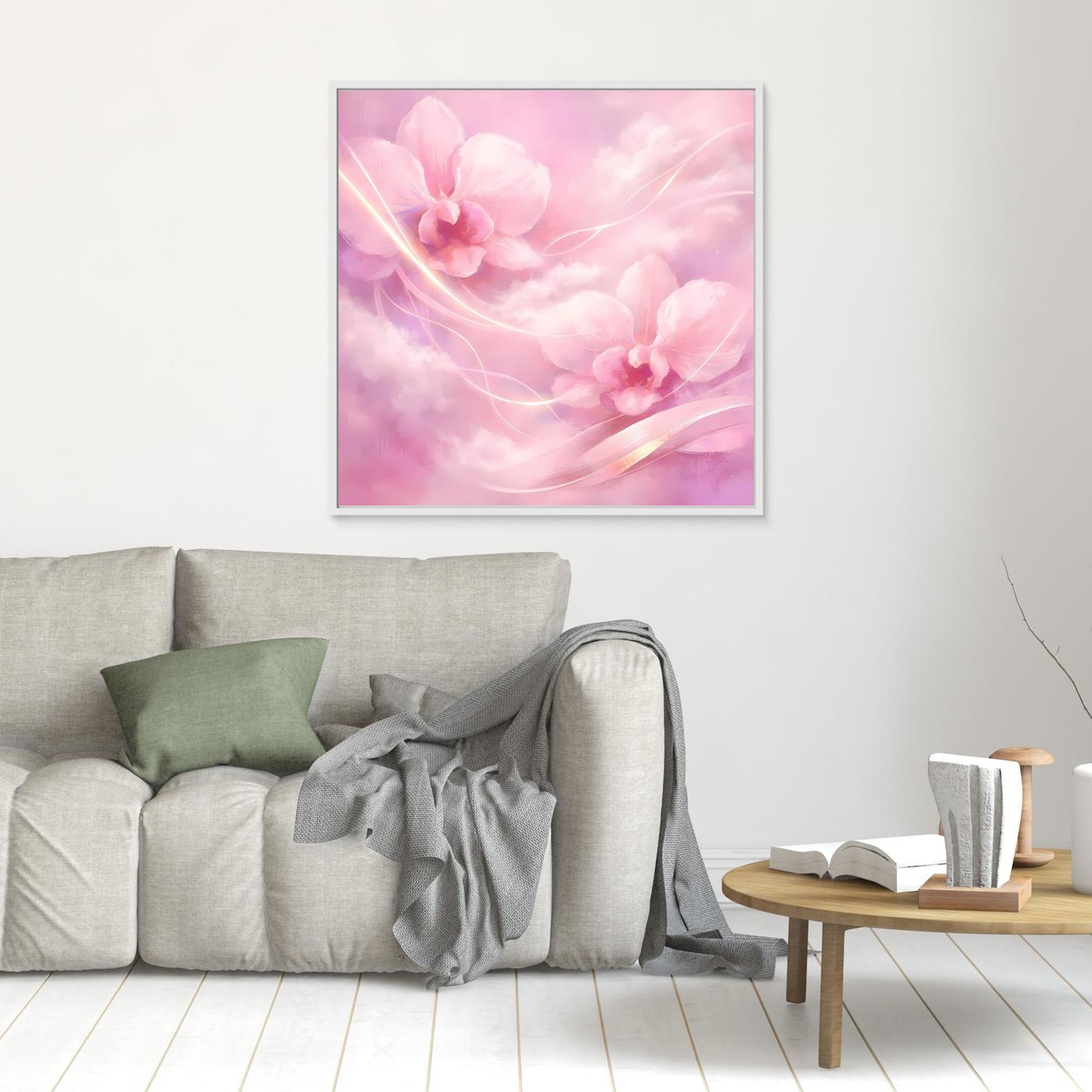 Leinwandbild mit abstrakten rosa Orchideen und goldenen Linien, mit hell gerahmter Umrandung