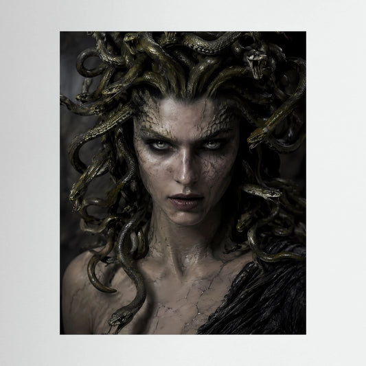 Hochformat-Poster mit Medusa-Gesicht und grünen Schlangenhaaren