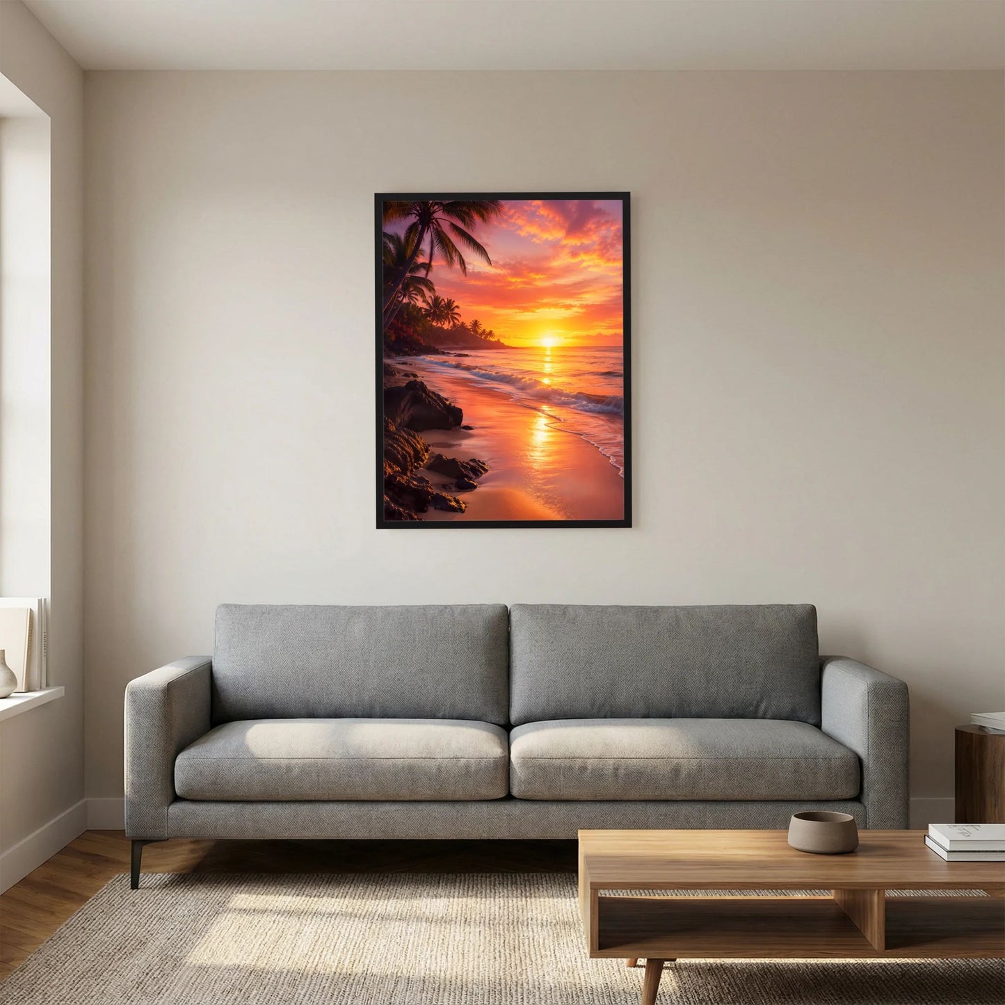 Poster Hochformat: tropischer Strand bei Sonnenuntergang mit Palmen, orange-pink, schwarzer Rahmen