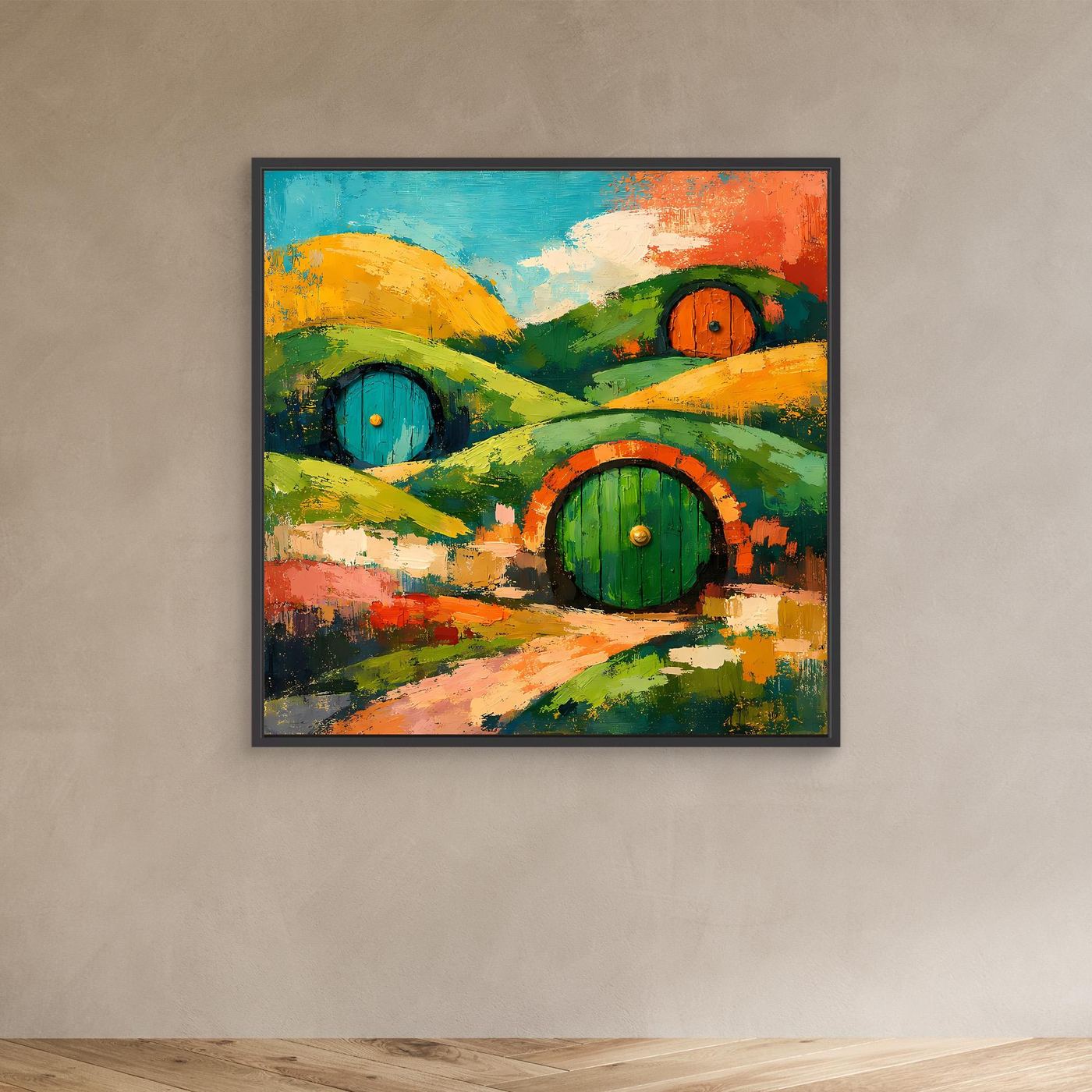 Abstraktes Wandbild auf Leinwand mit Hügeln und drei runden Türen, dunkler Rahmen