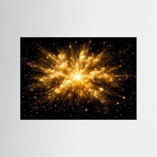 Wandbild: goldene Sternenexplosion auf dunklem Hintergrund, schwarzer Rahmen