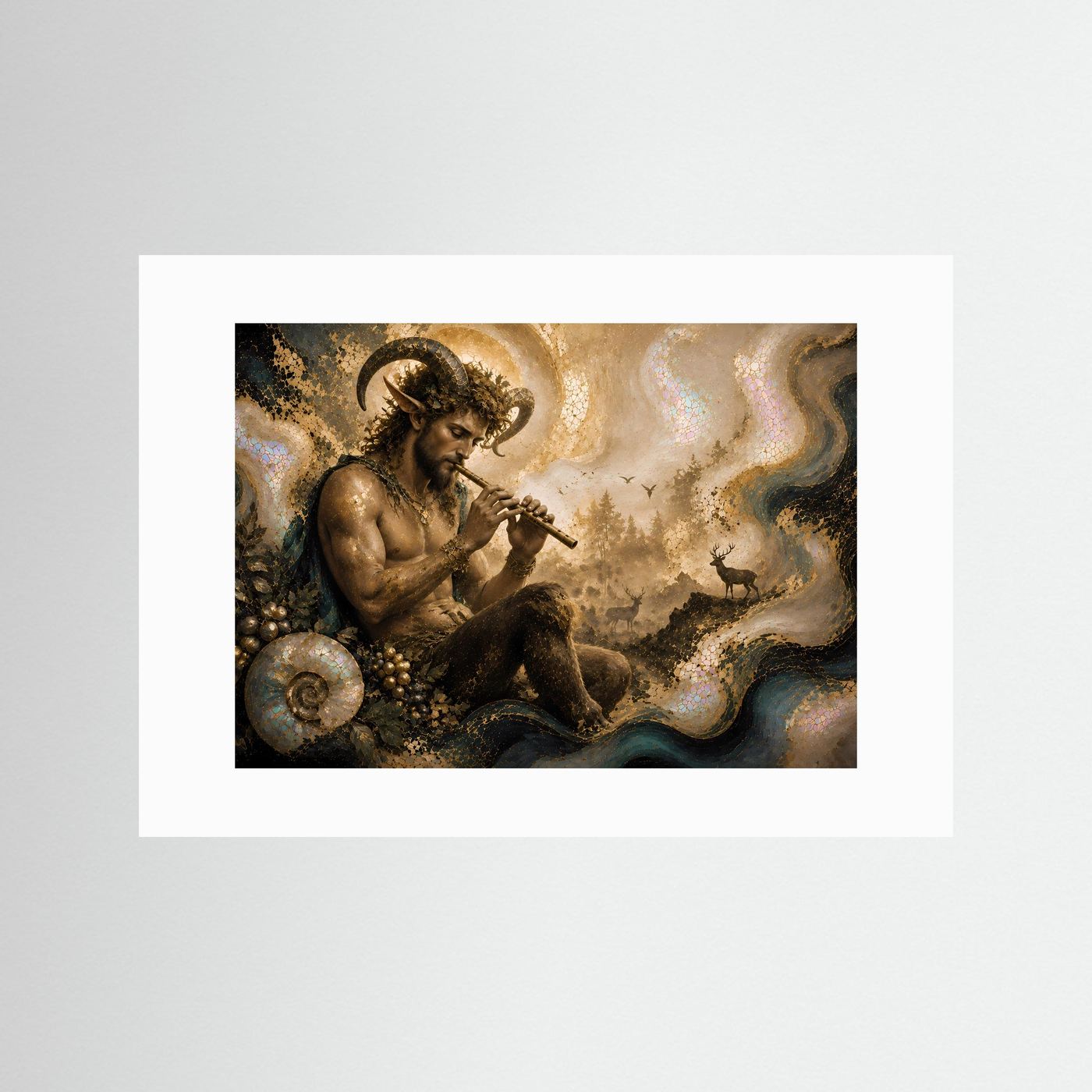 Pan mit Flöte im mystischen Wald | Griechische Mythologie Kunst in Gold & Perlmutt
