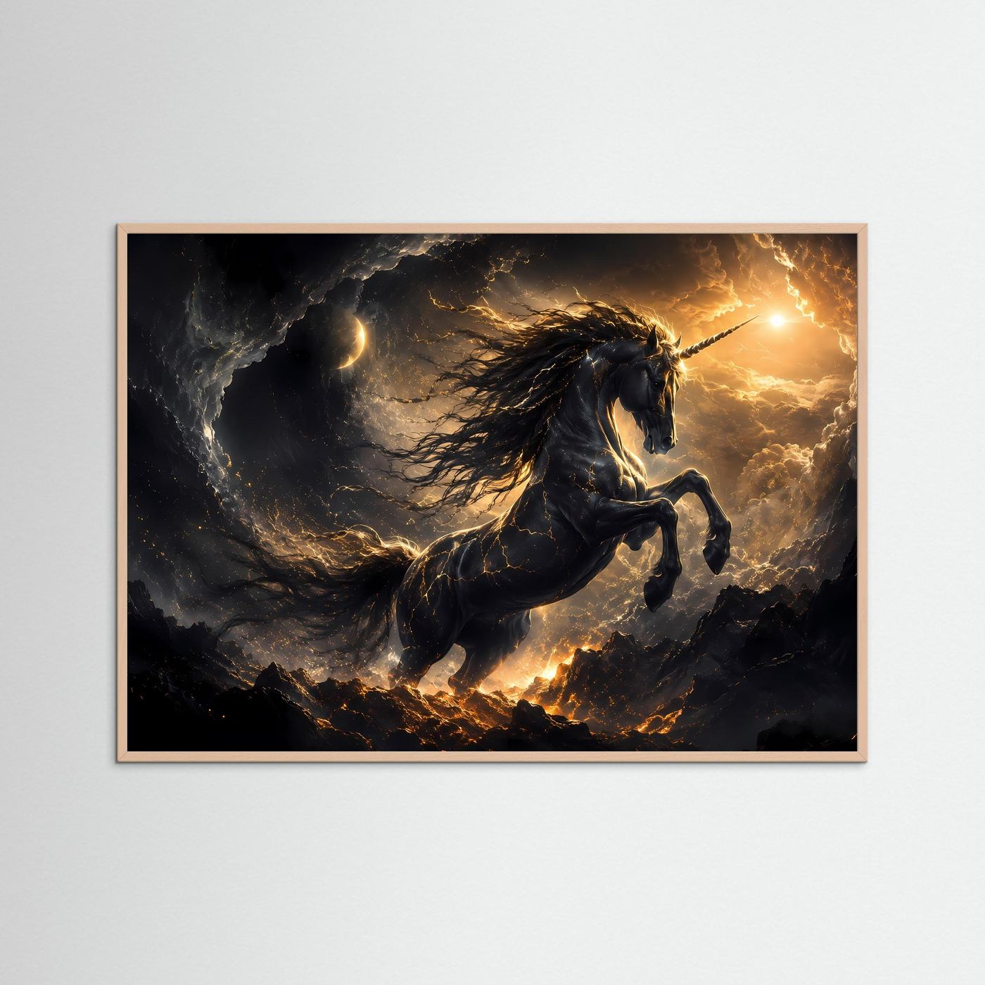 Einhorn Poster | Mystische Fantasy Wandkunst | Schwarzes Einhorn mit Gold | Magische Himmel Landschaft | Leinwandbild Modern