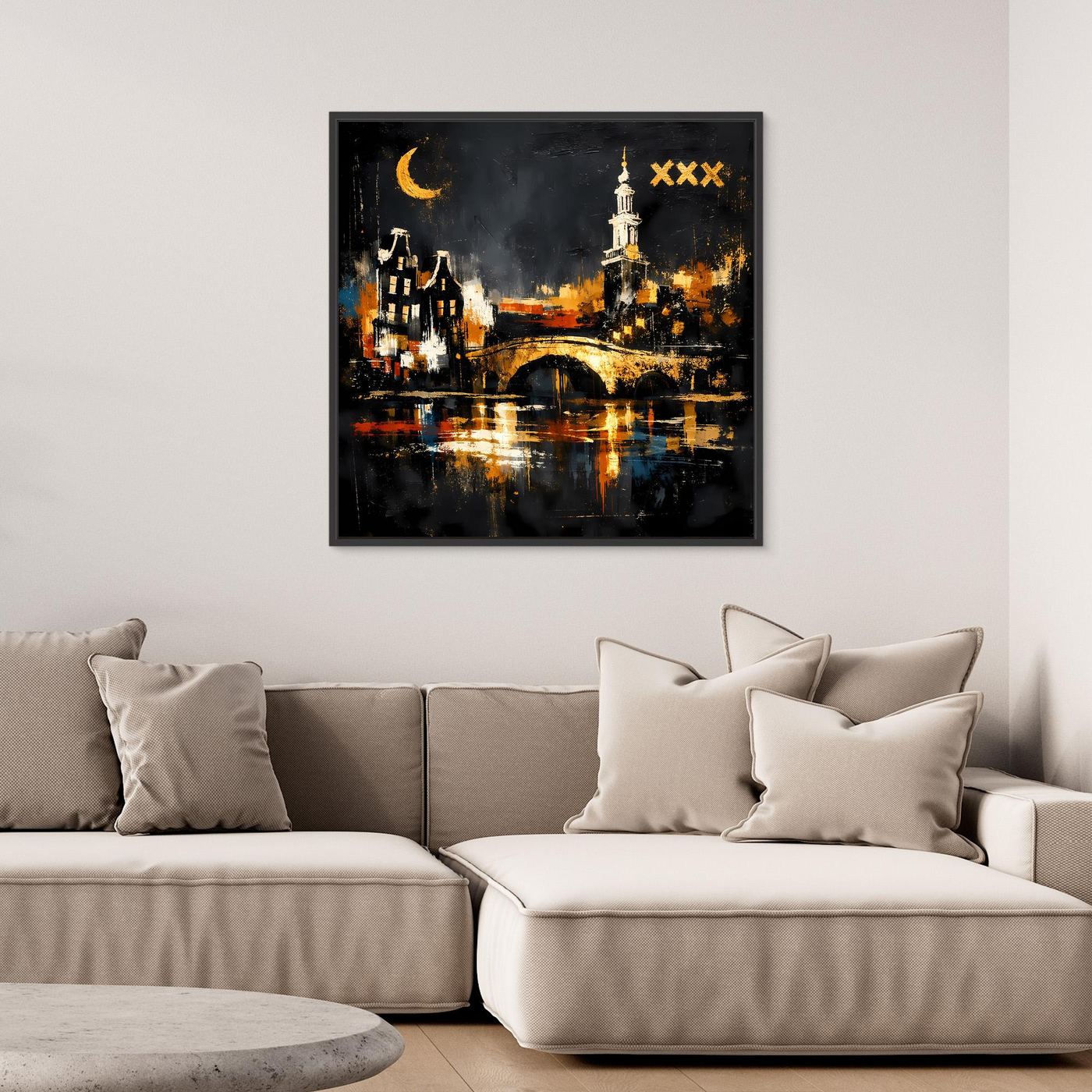 Leinwand Romantische Grachten von Amsterdam bei Nacht | Modernes Holland Wandbild