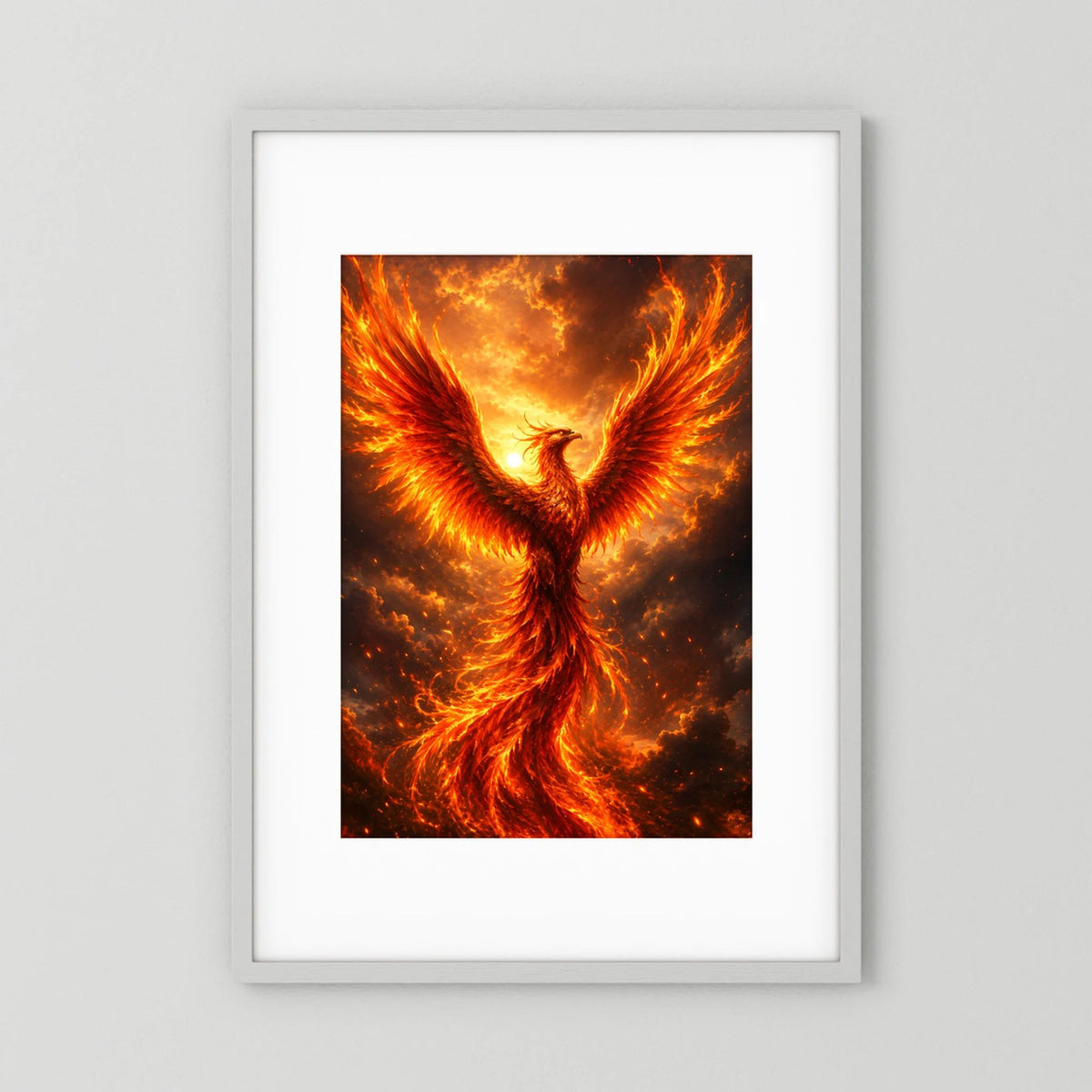 Poster Hochformat im weißen Rahmen mit goldenem Phönix und Flammenmeer