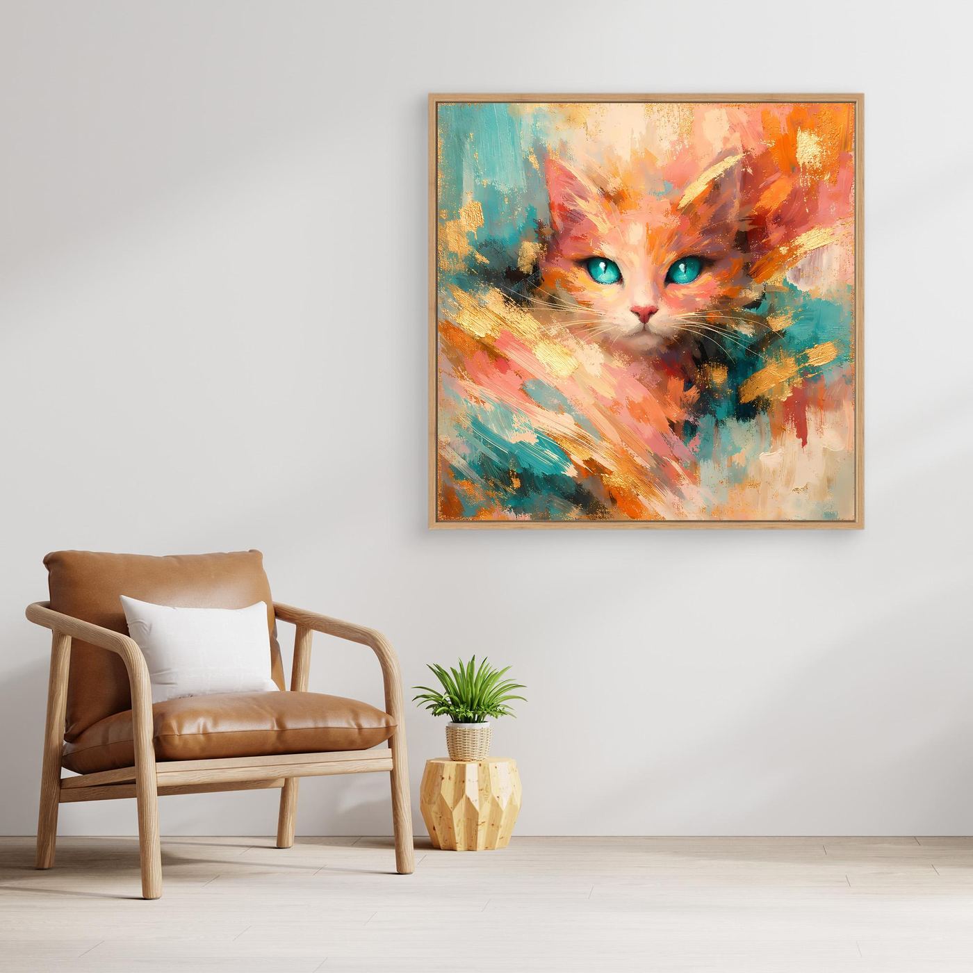 Leinwandbild abstrakte Katze mit türkisfarbenen Augen, bunte Farbflächen, goldener Rahmen