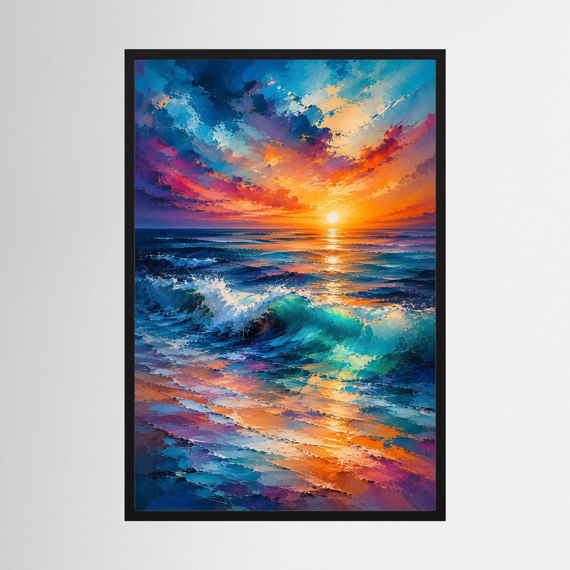 Gerahmtes Hochformat-Poster mit Sonnenuntergang am Meer, blaue und orange Wellen