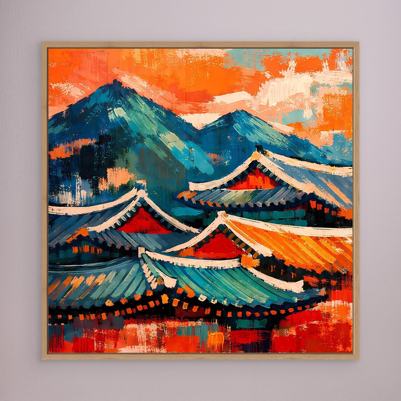 Gerahmtes Leinwandbild mit asiatischen Dächern und Bergen, orange-blaue Farbflächen