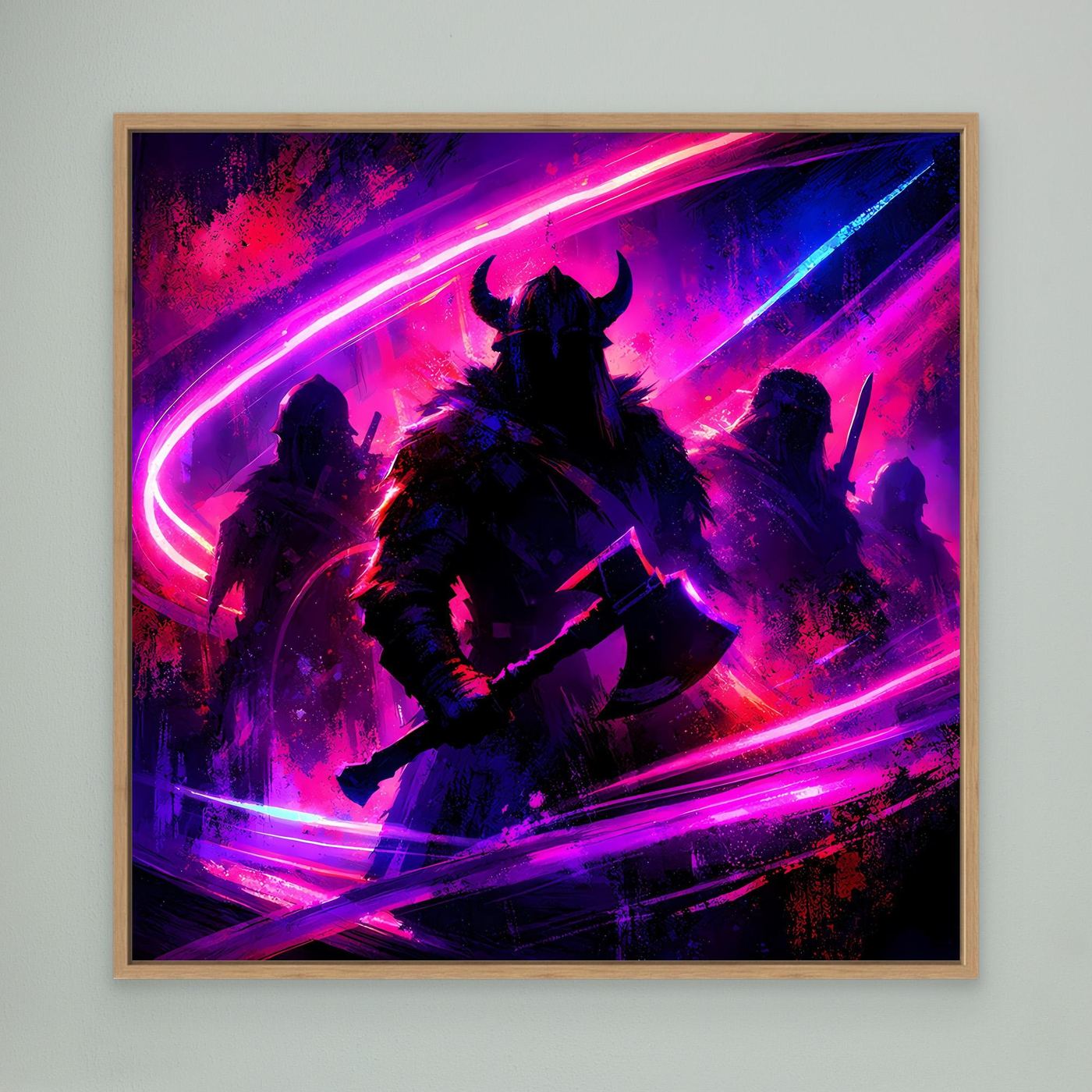 Neon-Wandbild mit Wikingerkriegern in Pink/Lila/Blau, abstrakte Silhouetten, Eichenrahmen