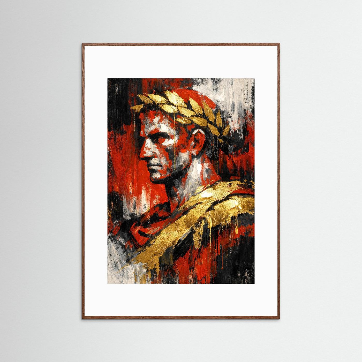 Abstraktes Bullenporträt-Kunstposter, Schwarz-Rot mit goldenem Akzent, im braunen Rahmen