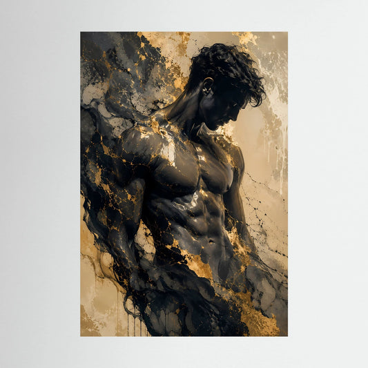 Hochformat-Poster mit abstraktem Männerkörper in Dunkelblau/Gold und schwarzem Look