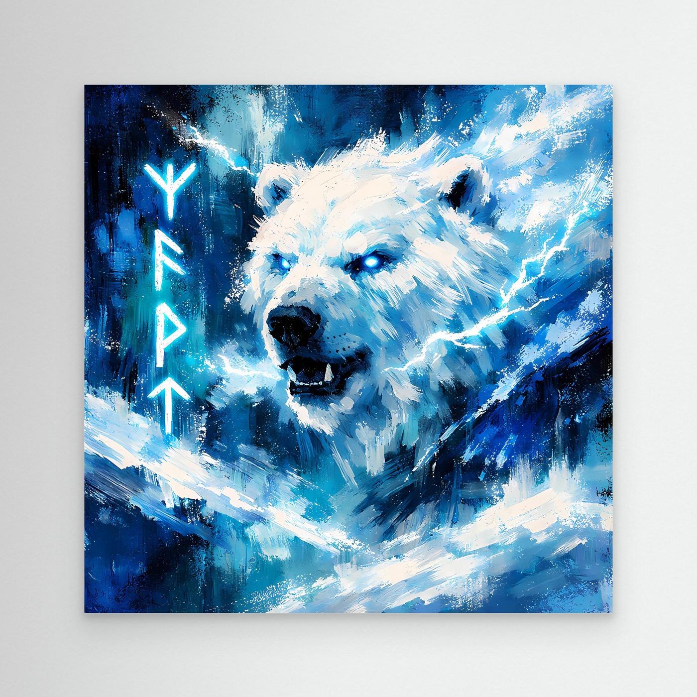 Leinwand-Wandbild: Eisbär in Blau mit Runen und Nordlicht-Lichtstreifen