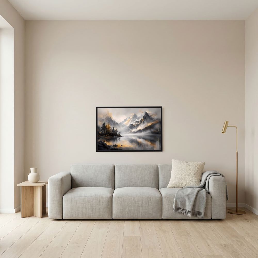 Kleines gerahmtes Poster mit nebligem Bergsee, Berge und Wald, Grau-Schwarz-Gold, schwarzer Rahmen
