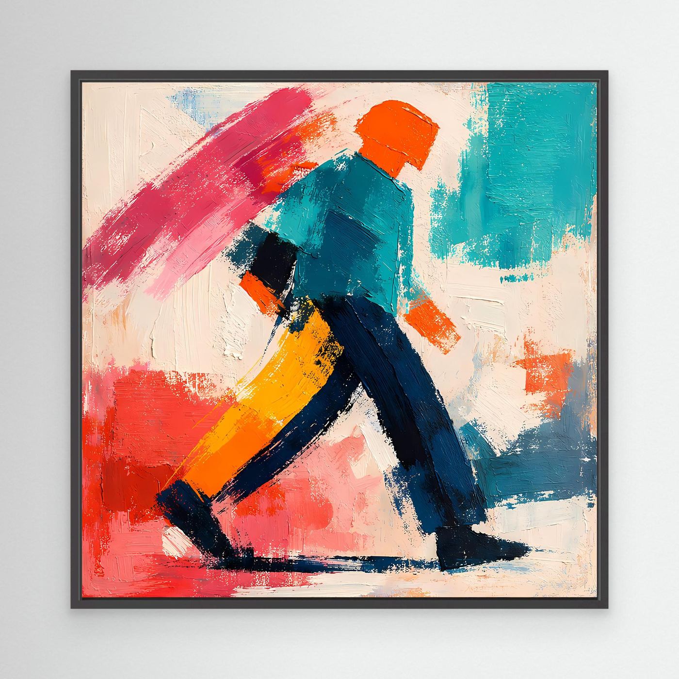 Abstract pop art wall painting with black frame and colorful strolling figure in red, teal
