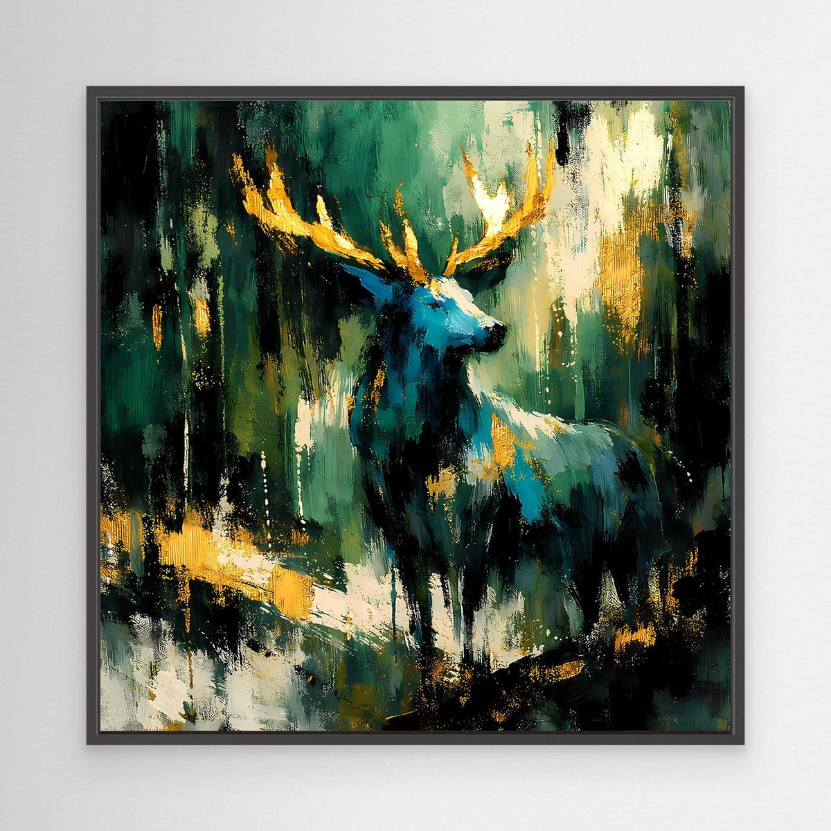 Leinwand-Wandbild mit schwarzem Rahmen und abstraktem Hirsch in Grün, Blau, Gold