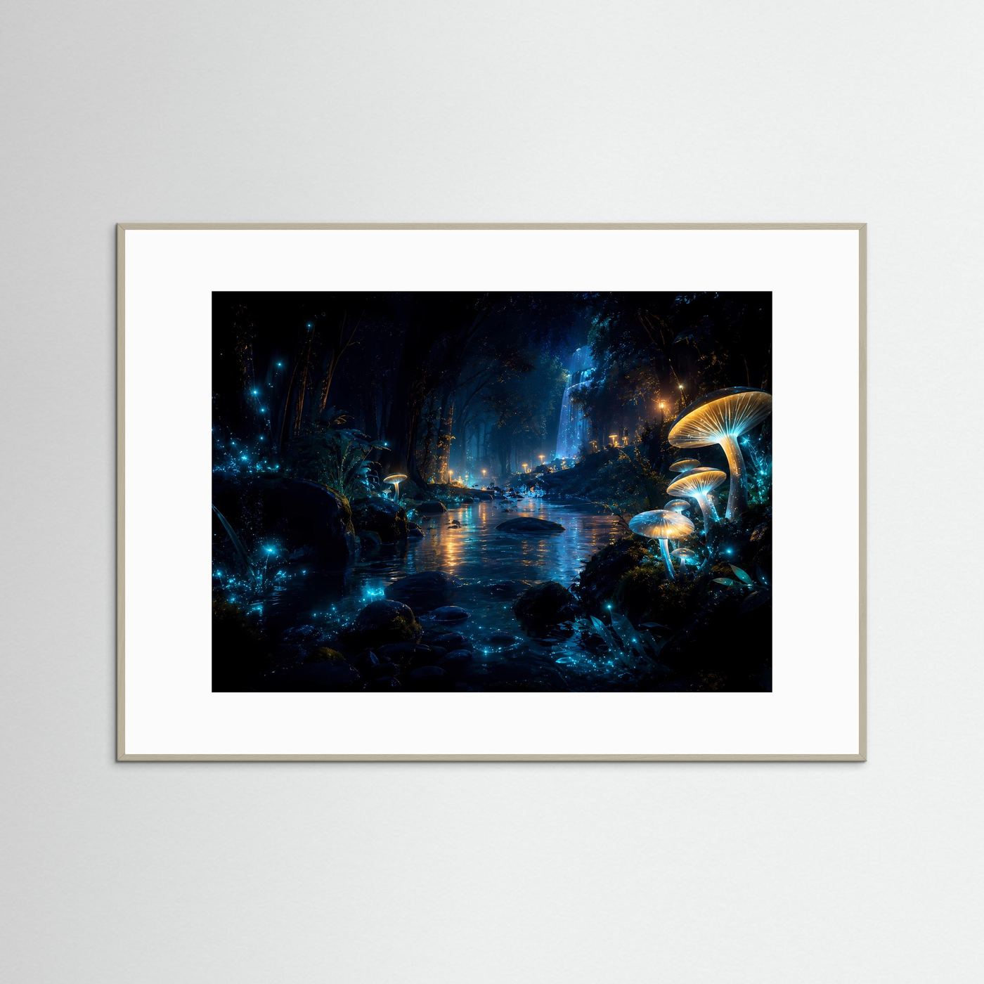 Magischer Nachtwald mit leuchtenden Pilzen | Mystischer Wasserfall in Blau & Gold