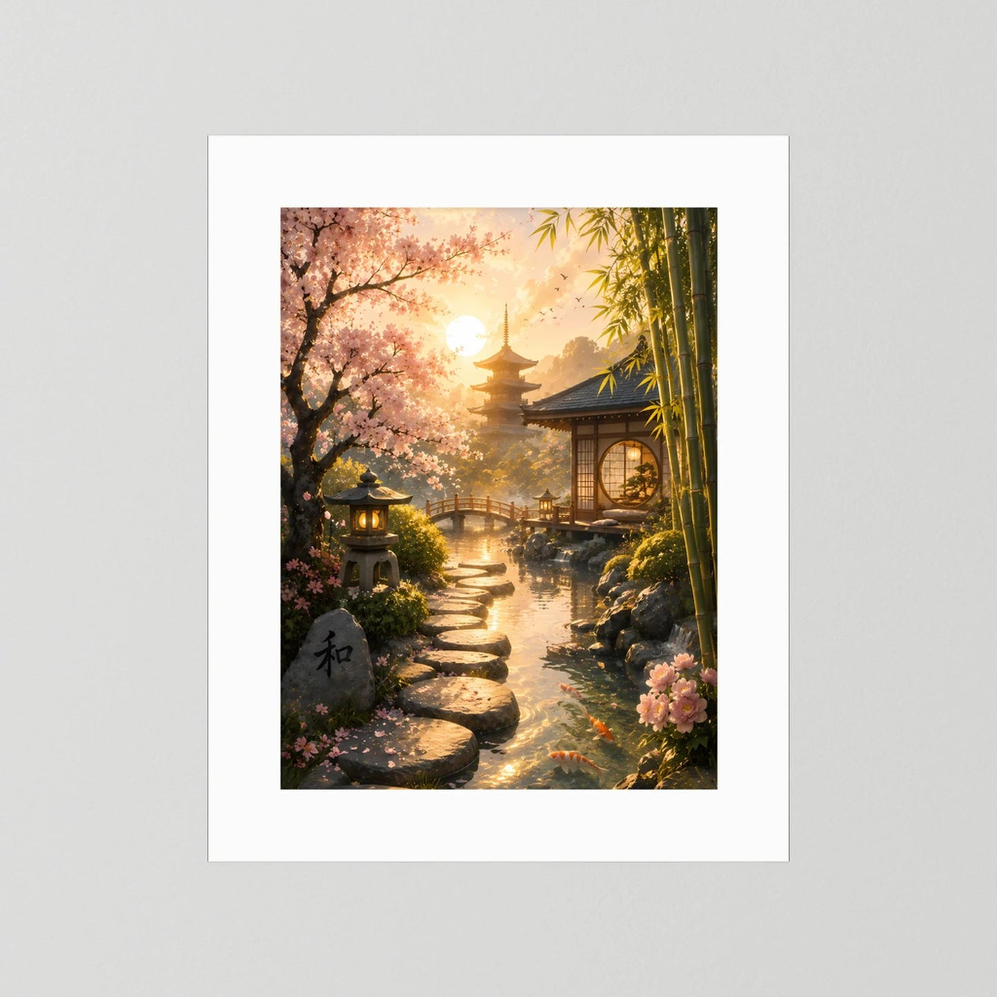 Hochformat-Poster Zen-Garten mit Kirschblüten, Bambus und beleuchtetem Weg, weißer Rand