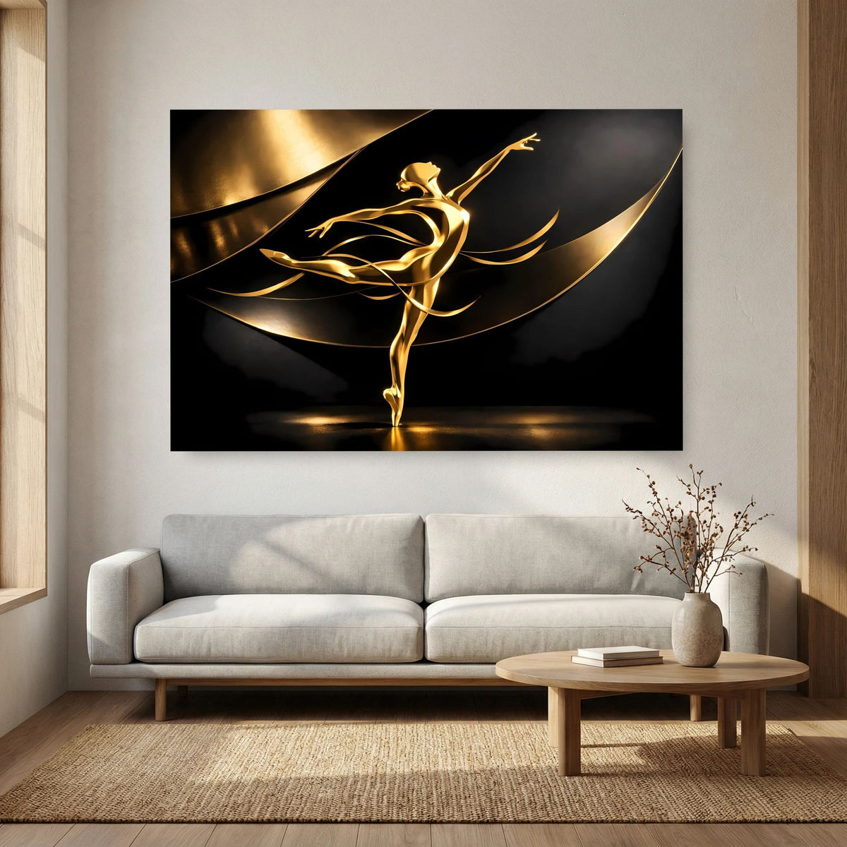Wandbild mit goldener Ballerina, geschwungene goldene Linien auf schwarzem Grund