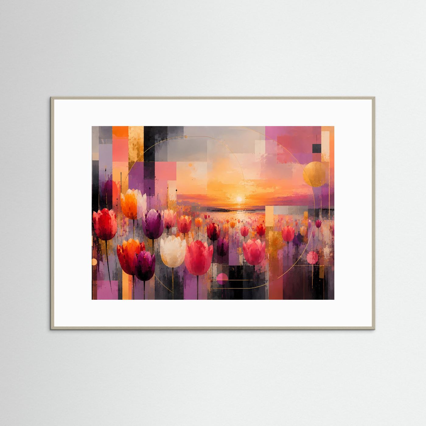 Querformat-Poster mit abstrakten Tulpen und Sonnenuntergang, hellbrauner Holzrahmen