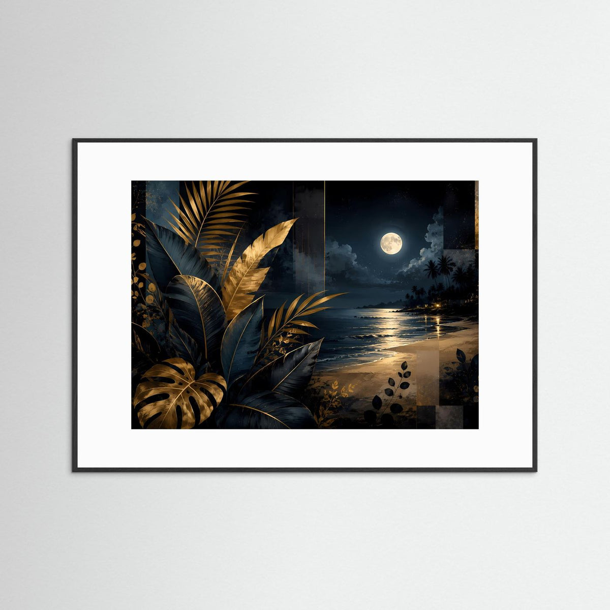 Querformat-Poster im schwarzen Rahmen mit weißem Passepartout: tropische Blätter und Vollmond über dem Meer.