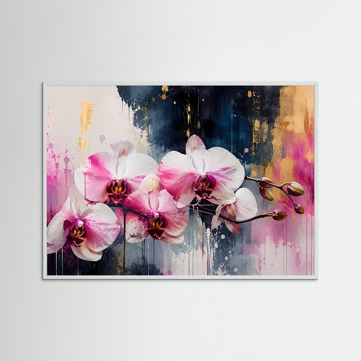 Elegante Rosa Orchideen in Gold | Modernes Florales Wandbild Querformat