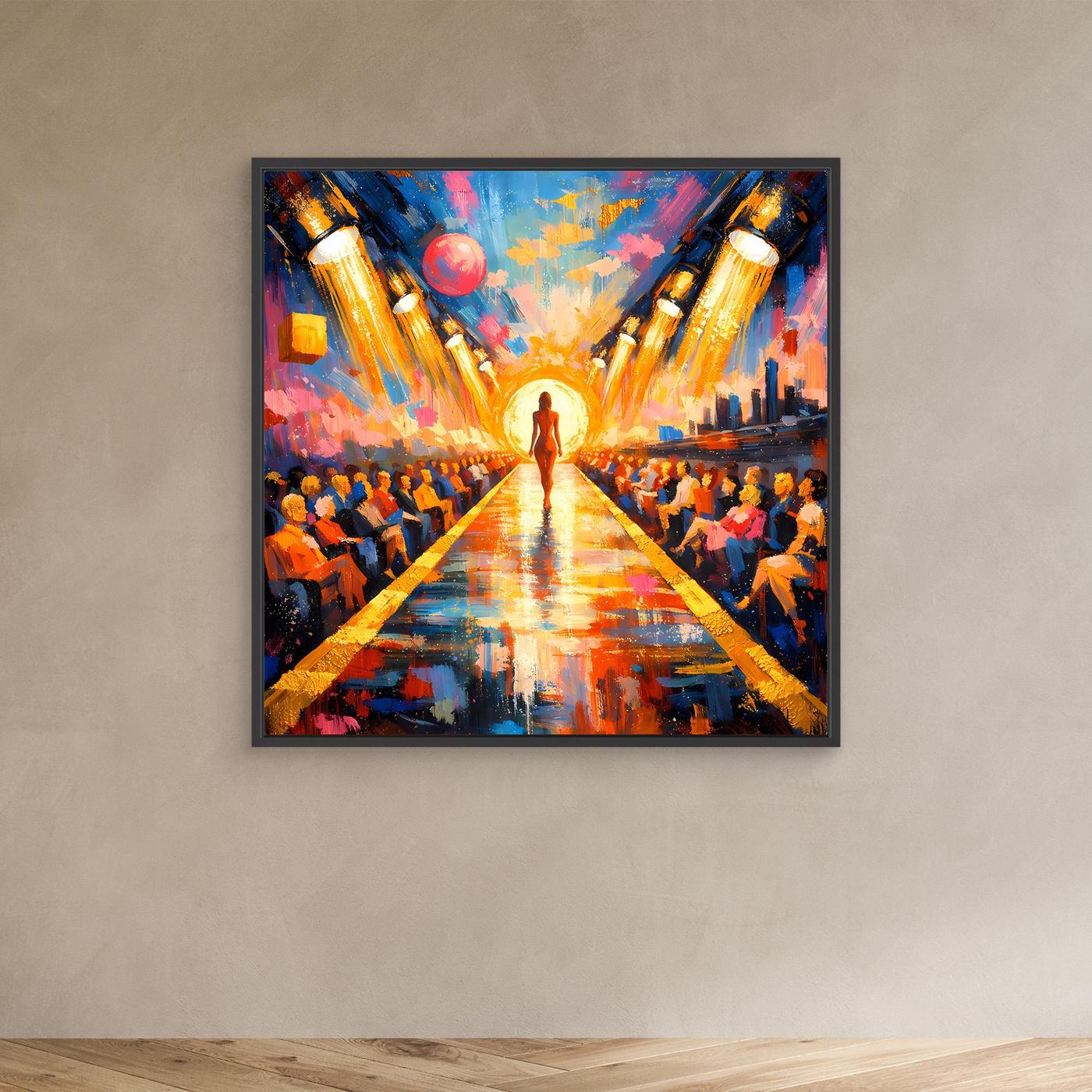 Leinwandbild mit abstraktem Pop-Art Laufsteg, zentrale Silhouette, bunte Farben, dunkler Rahmen
