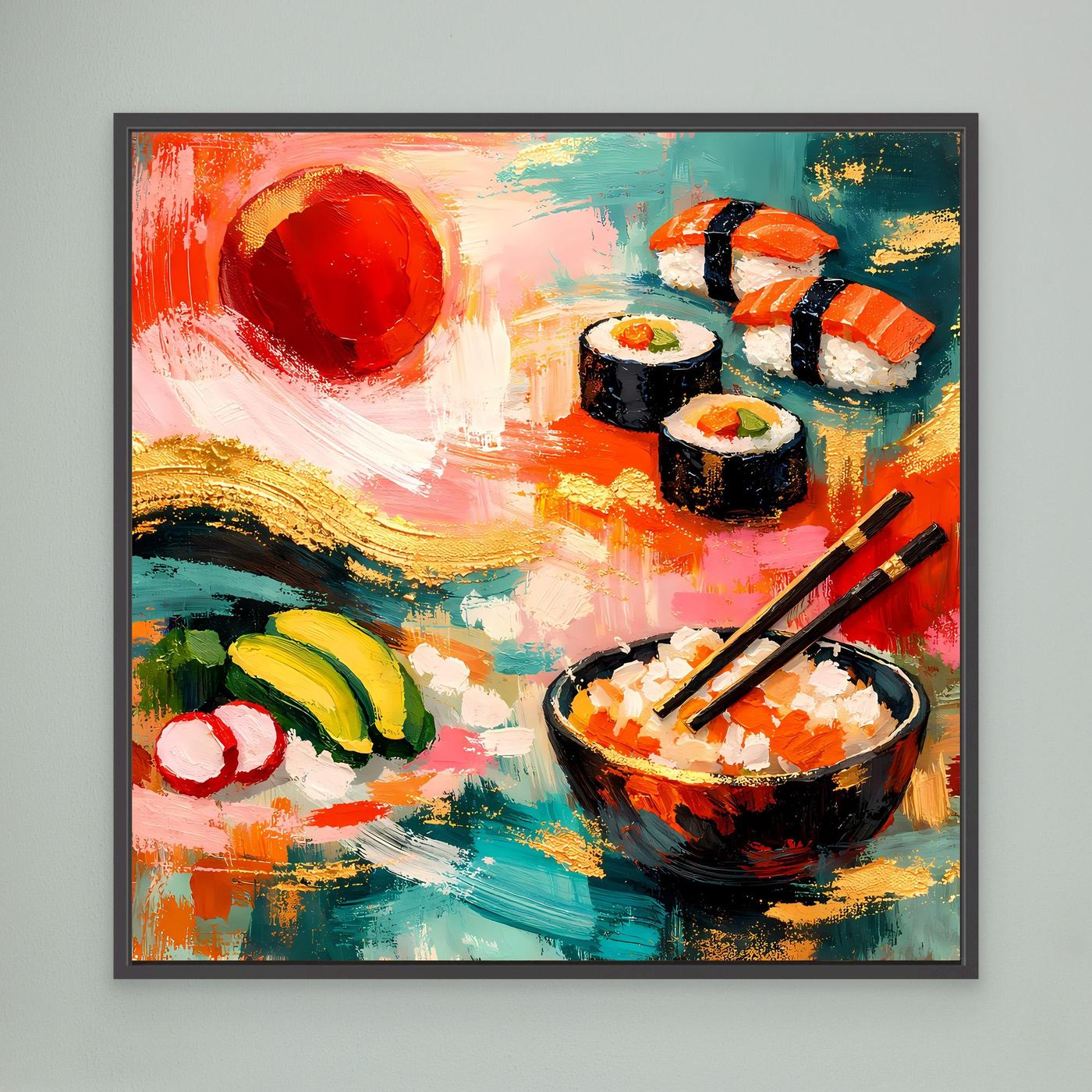 Leinwandbild mit Sushi-Motiv in dunklem Rahmen: Sushirollen, orange Lachs, Stäbchen